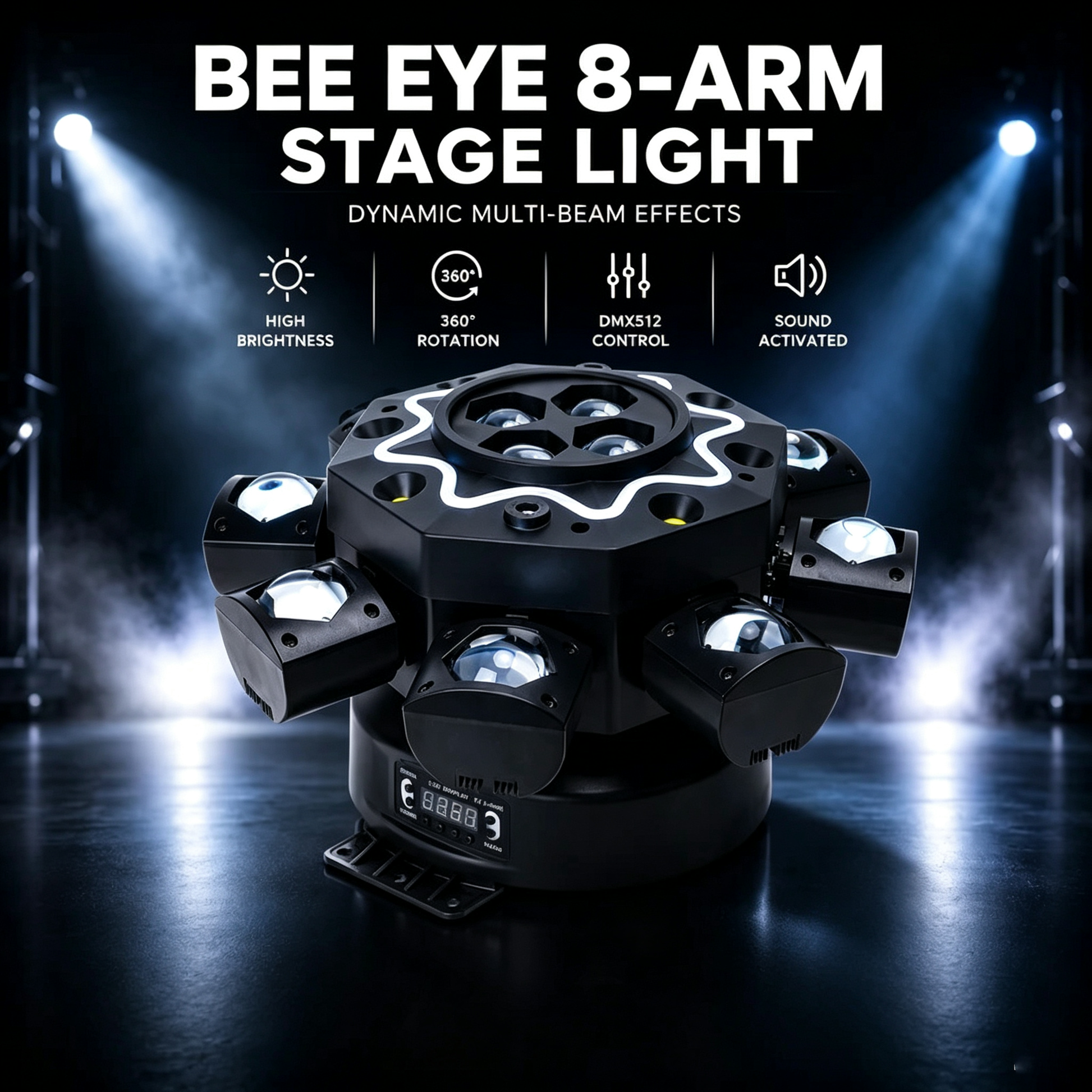 200W 8ramenné moving head světlo včelí oko, DJ pódiové osvětlení s podporou DMX512, RGBW 4 v 1 LED party světlo s dálkovým ovládáním pro svatby, bary, kluby a diskotéky