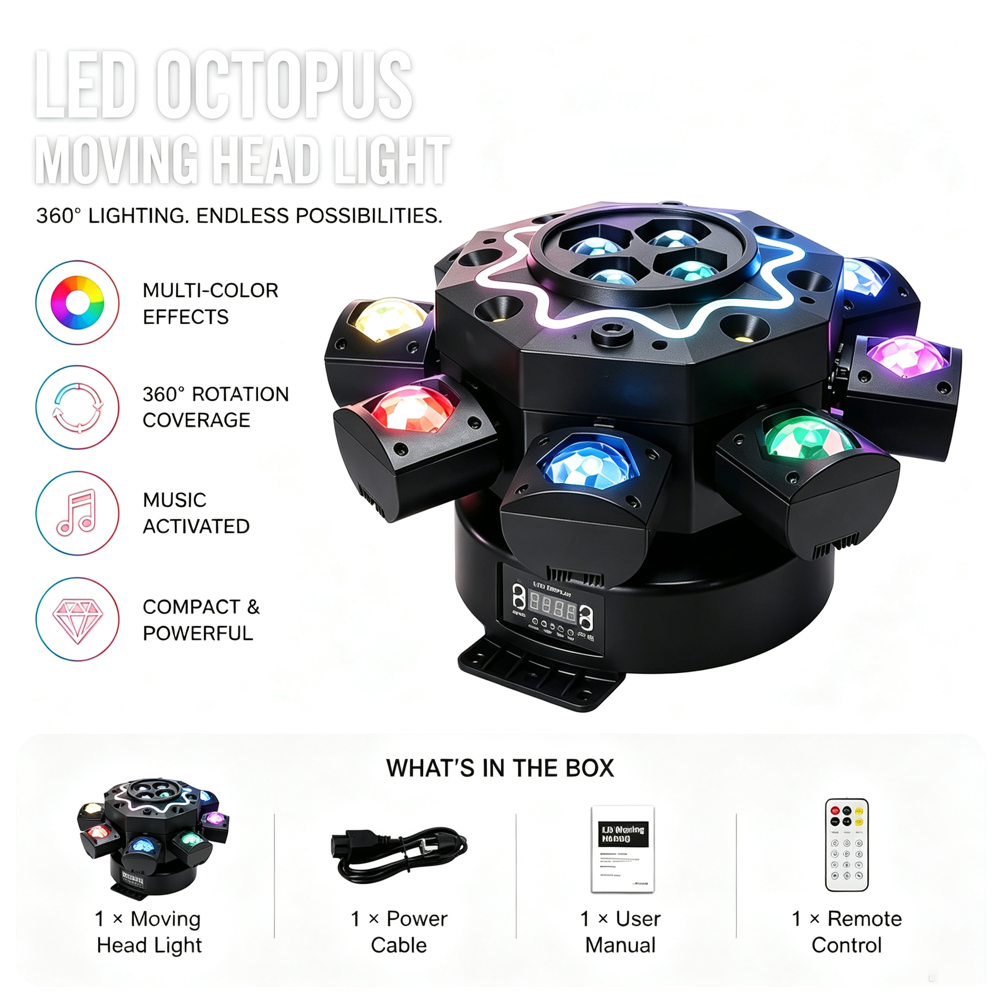 200W 8ramenné moving head světlo včelí oko, DJ pódiové osvětlení s podporou DMX512, RGBW 4 v 1 LED party světlo s dálkovým ovládáním pro svatby, bary, kluby a diskotéky