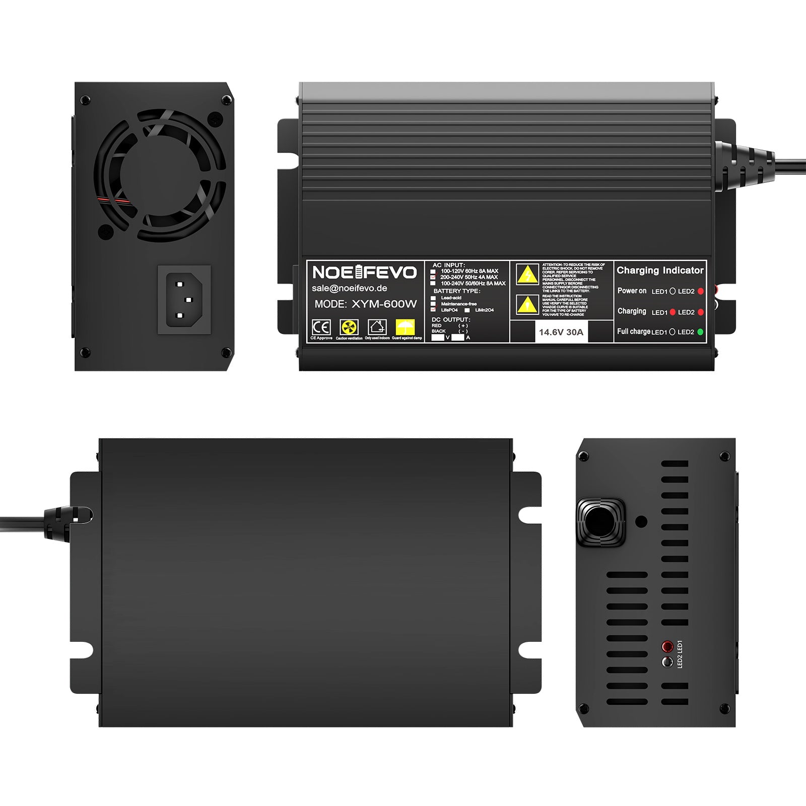 Noeifevo 12V 12.8V 30A Lithium LiFePO4 Akku Ladegerät, Ladespannung 14,6V, 0V BMS-Aktivierung, automatische Abschaltung, Aluminiumgehäuse