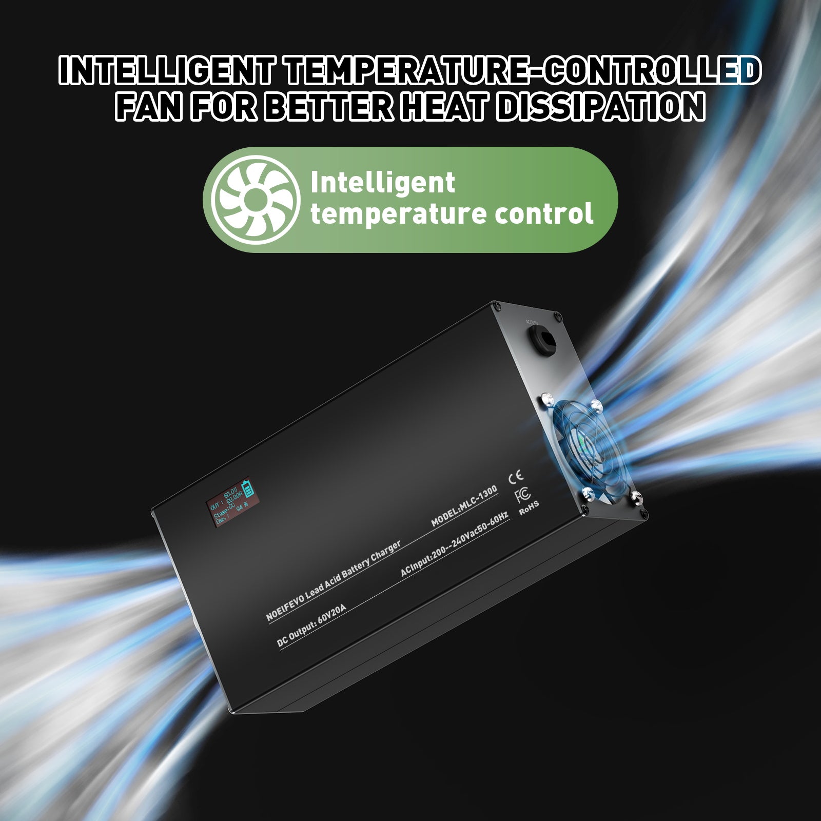 NOEIFEVO 60V 2A-20A Ström Justerbart Batteriladdare för Bly-Syra-Batterier, AGM, Gel, Golfvagns-Batteriladdare, LED-Display