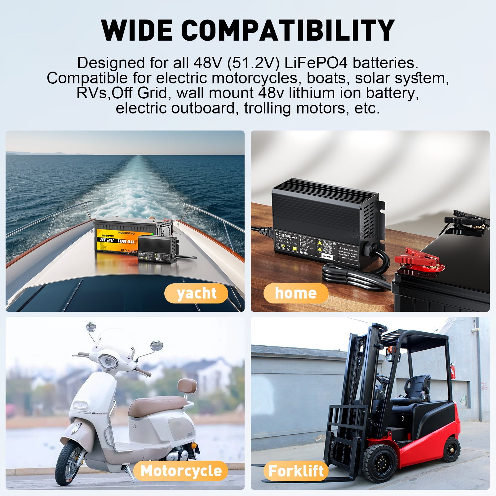 NOEIFEVO 58,4 V 10 A LiFePO4 Ładowarka akumulatorów do akumulatorów litowo-jonowych 51,2 V (48 V) 16S do wózków golfowych, kamperów i silników elektrycznych do wędkowania