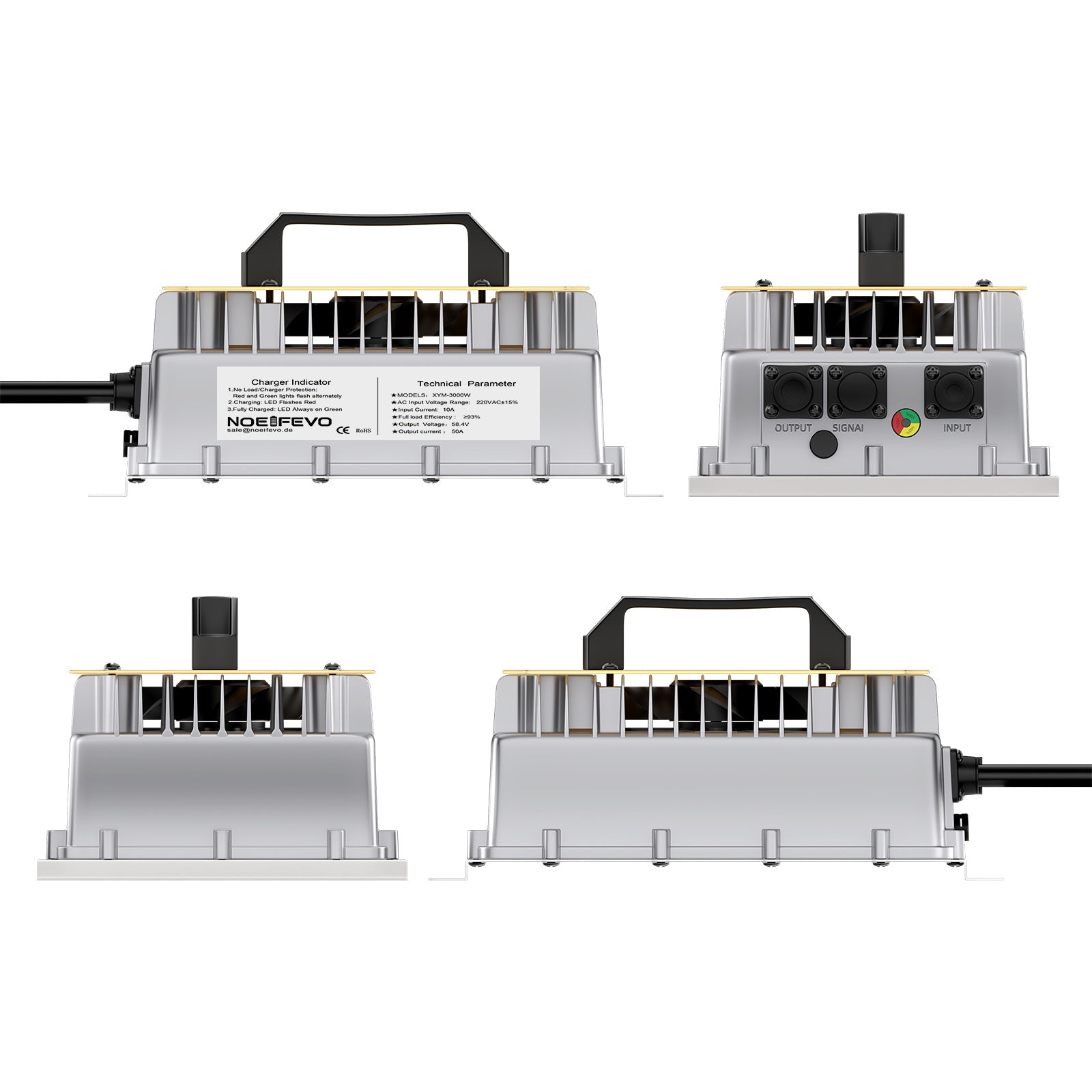 NOEIFEVO 58.4V 50A LiFePO4 batterioplader til 51.2V (48V) 16S LiFePO4 batteri, vandtæt, 0V BMS aktiveret