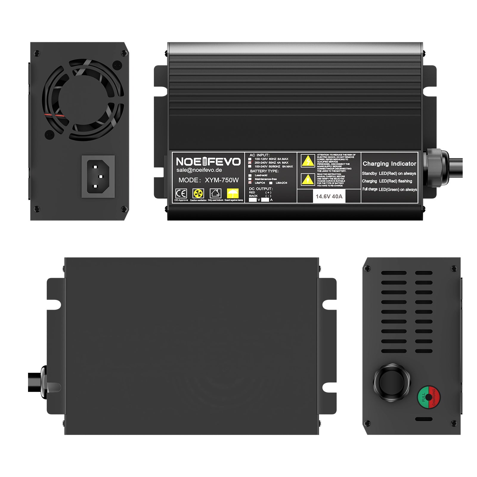 Noeifevo 14,6V 40A LiFePO4 batterioplader til hurtigoplader til 12V(12,8V) lithium LiFePO4 200Ah batteri, automatisk nedlukning med fuld beskyttelse