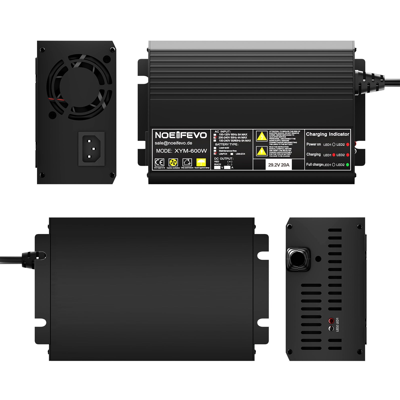 Noeifevo 29.2V 20A LiFePO4 acculader voor 24V 25.6V LiFePO4 accu