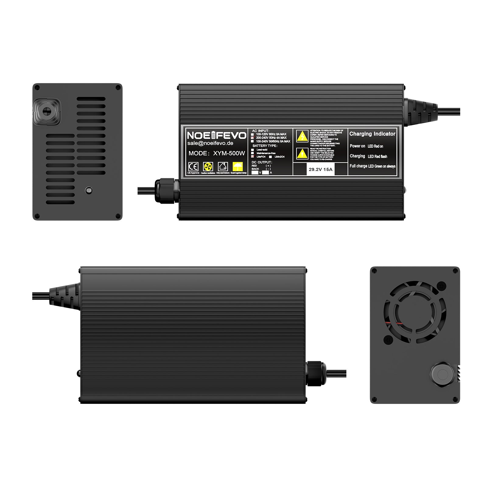 Noeifevo 29,2V 15A LiFePO4 batteriladdare för 24V 25,6V litiumbatteri, 0V BMS-aktivering, automatisk avstängning med fullt skydd