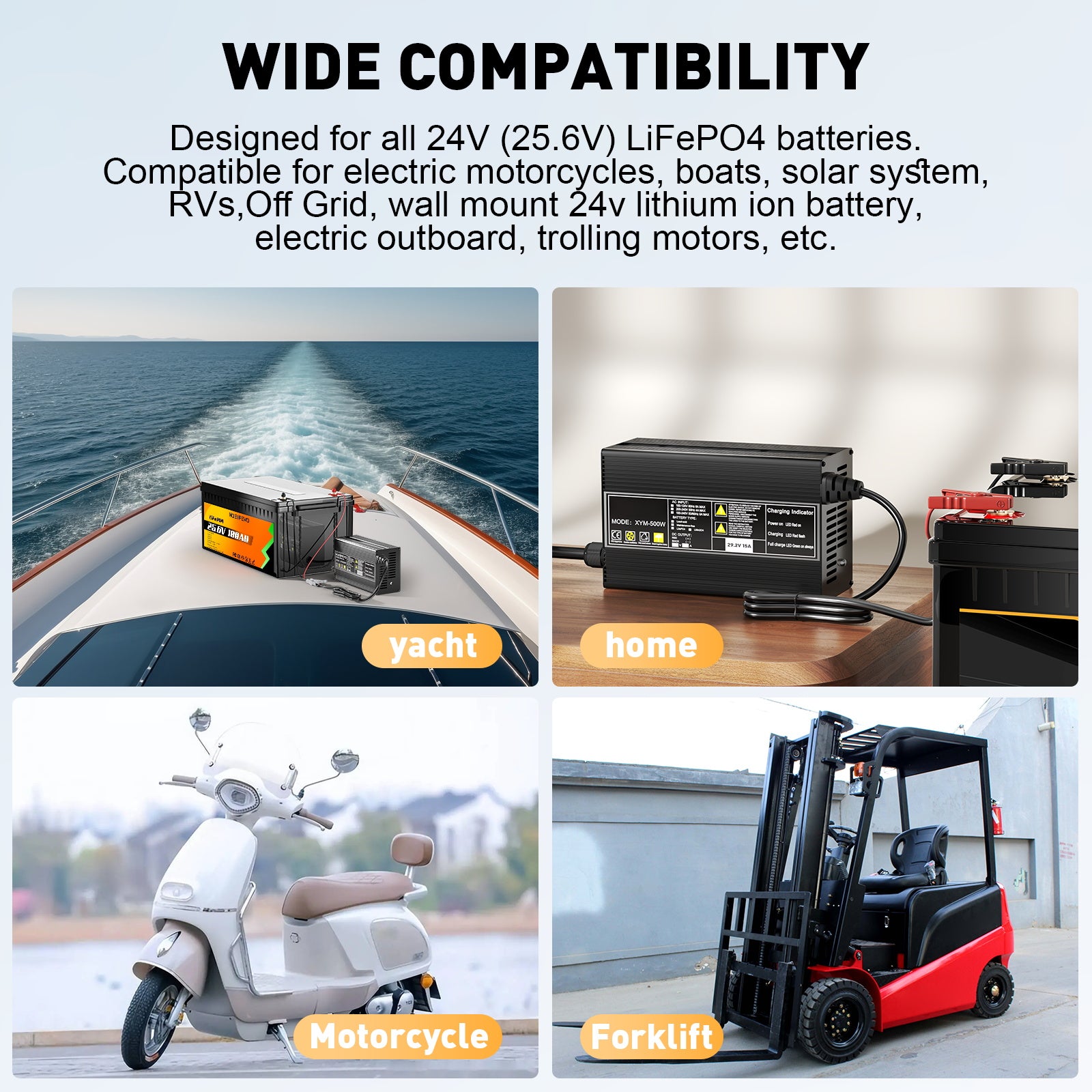 מטען סוללות Noeifevo 29.2V 15A LiFePO4 לסוללת ליתיום 24V 25.6V, הפעלת BMS 0V, כיבוי אוטומטי עם הגנה מלאה