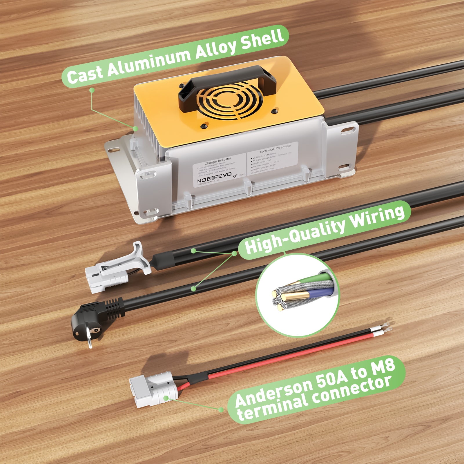 NOEIFEVO 58.4V 30A LiFePO4 Caricabatteria per 51.2V (48V) 16S LiFePO4 batteria, impermeabile, 0V BMS abilitato