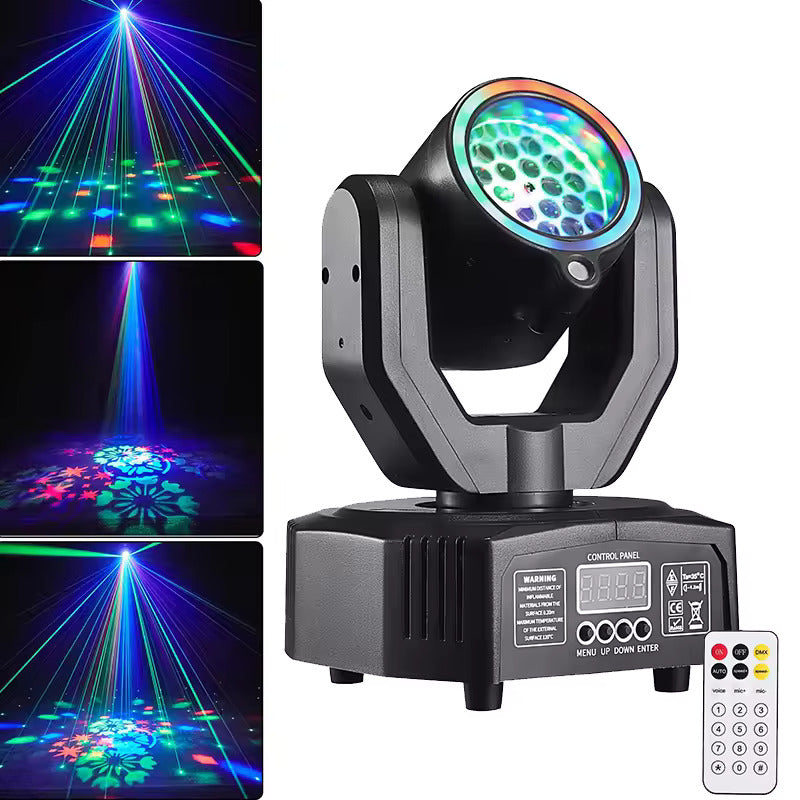36W párty světlo, otočný reflektor s paprskovým vzorem, plné RGB barvy, DMX ovládání, režim ovládání hlasem, stroboskopický efekt, vhodné pro DJ, diskotéky, rodinné oslavy a Vánoce.
