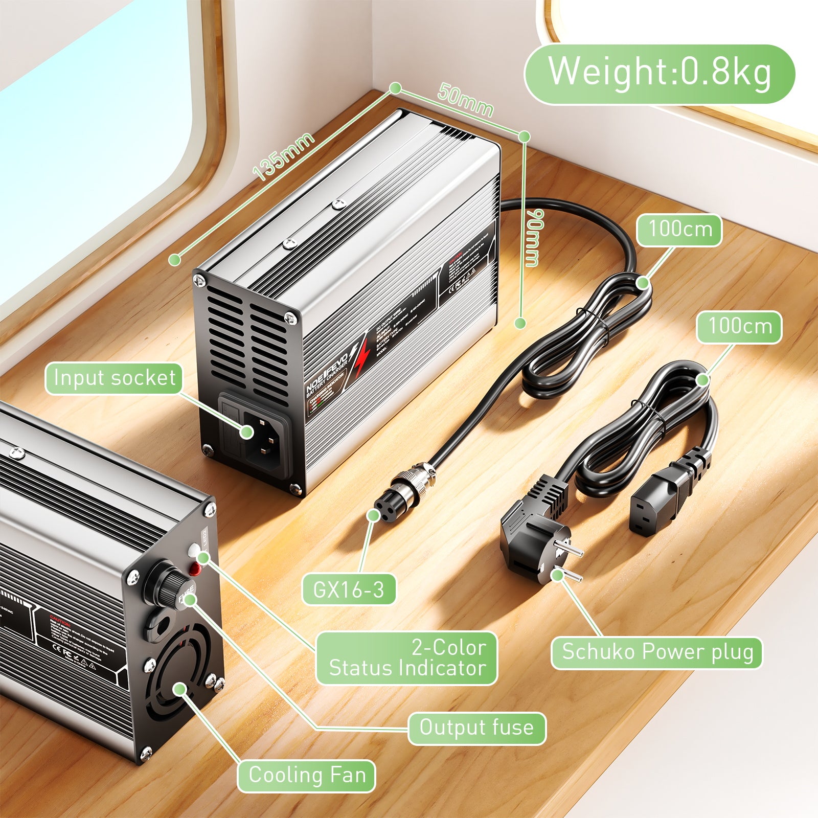 NOEIFEVO 54.6V 2A 2.5A 3A Caricabatterie al Litio per Batterie Li-Ion Lipo 13S 48.1V, Ventola di Raffreddamento, Spegnimento Automatico