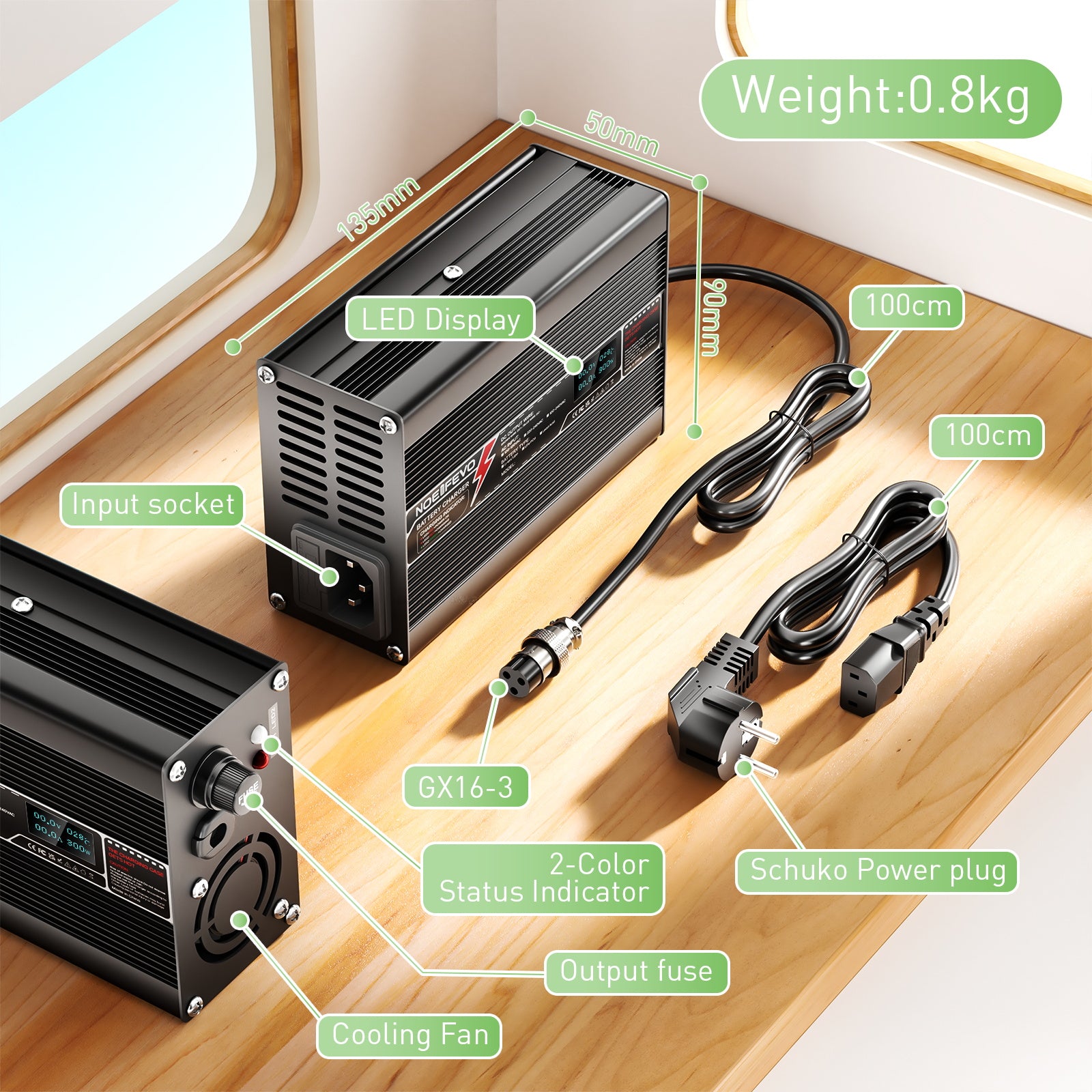 NOEIFEVO 58,4V 2A LiFePO4 Batterilader til 16S 48V 51,2V LiFePO4 batteri, med LCD-display, køleventilator, automatisk slukning