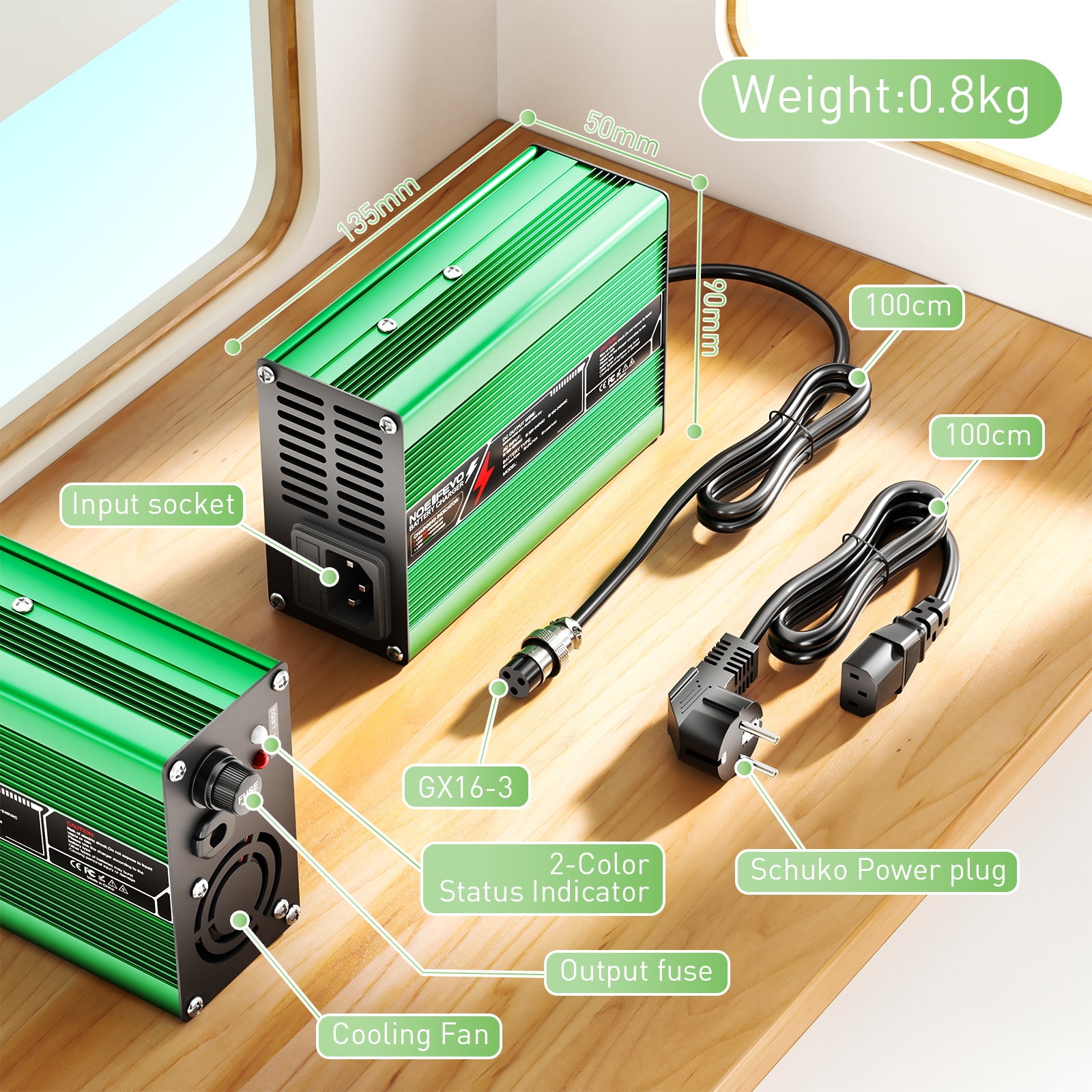 Carregador de Lítio NOEIFEVO 42V 4A para baterias Li-Ion Lipo 10S 37V, com ventilador de resfriamento e desligamento automático (VERDE)