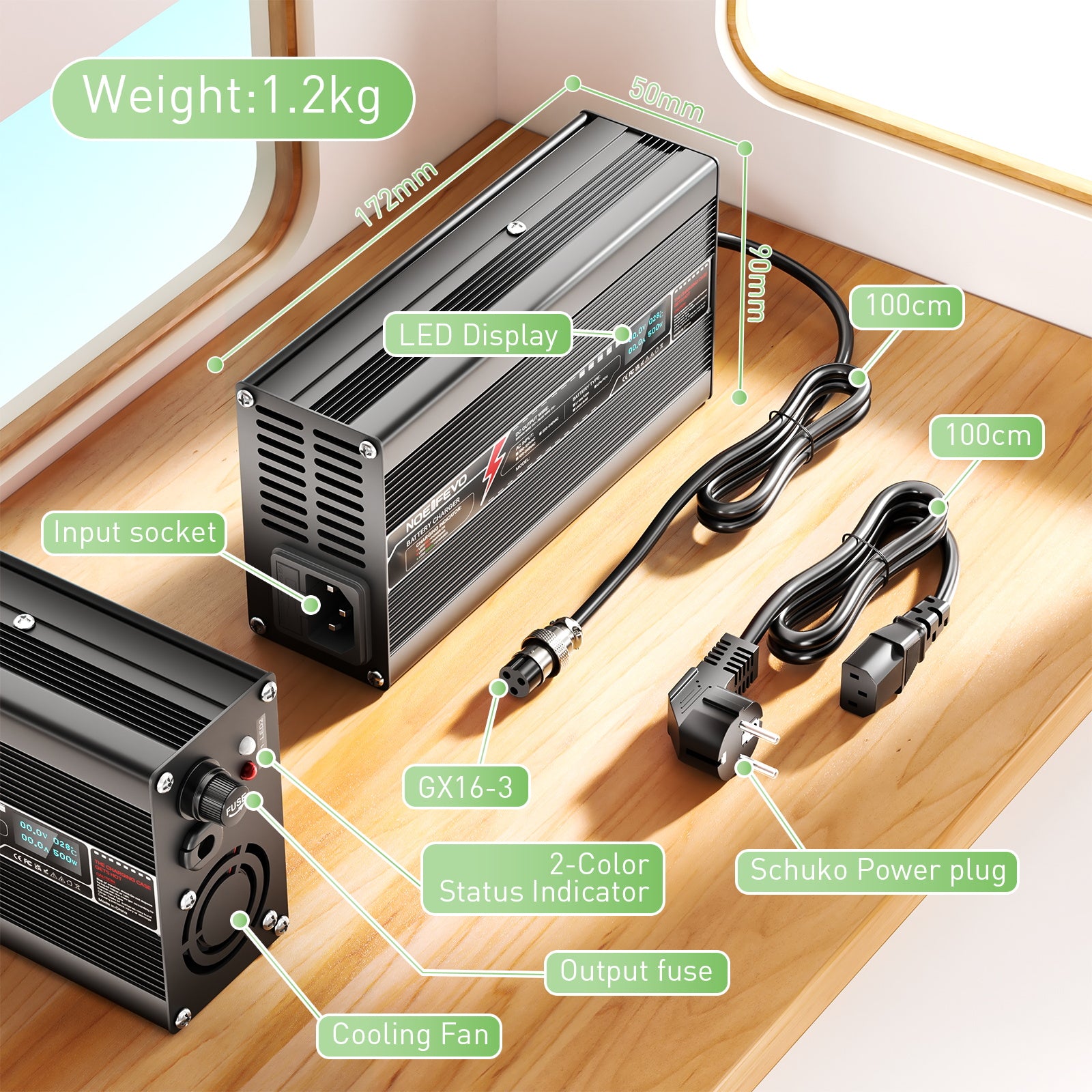 NOEIFEVO 75.6V 6A Lithiumoplader til 18S 66.6V batteri, LED-display, aluminiumsgehus, blæser