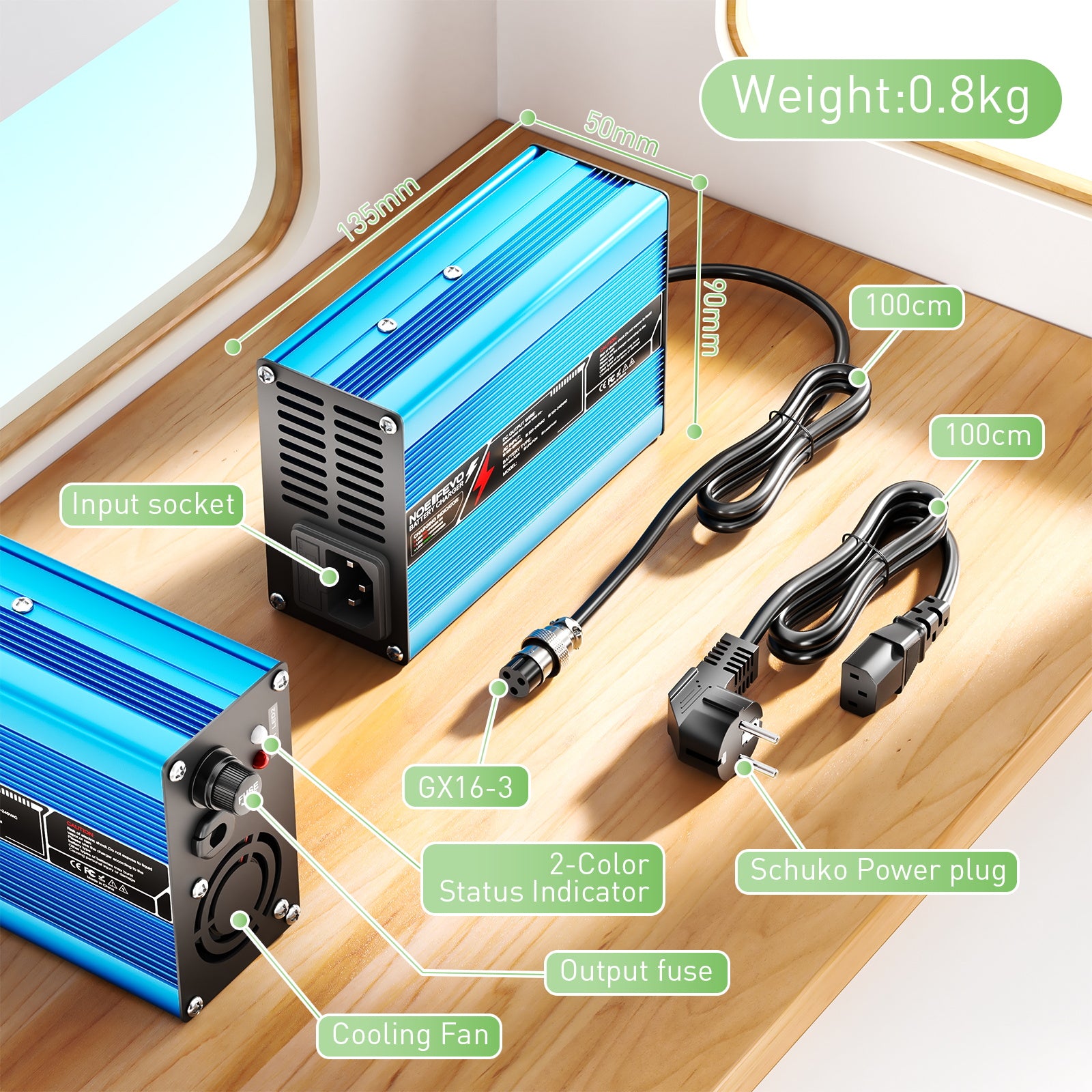 NOEIFEVO 43.8V 4A LiFePO4 nabíječka baterií pro 12S 36V 38.4V LiFePO4 baterii, chladicí ventilátor, automatické vypnutí（BLUE）