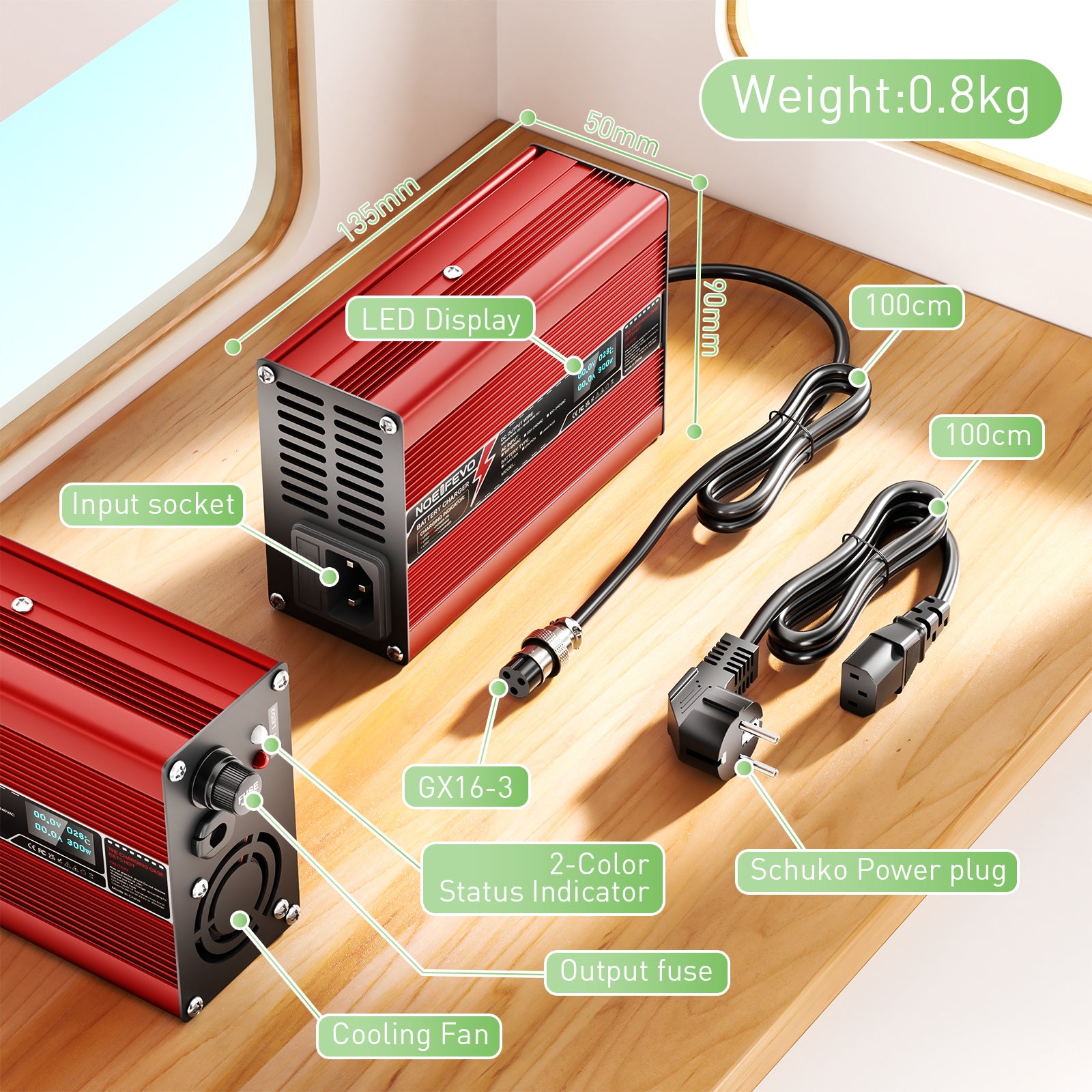 NOEIFEVO 46.2V 4A Lithium-lader til 11S 40.7V Li-Ion Lipo-batterier, med kølevifte, automatisk afbrydelse (RØD)