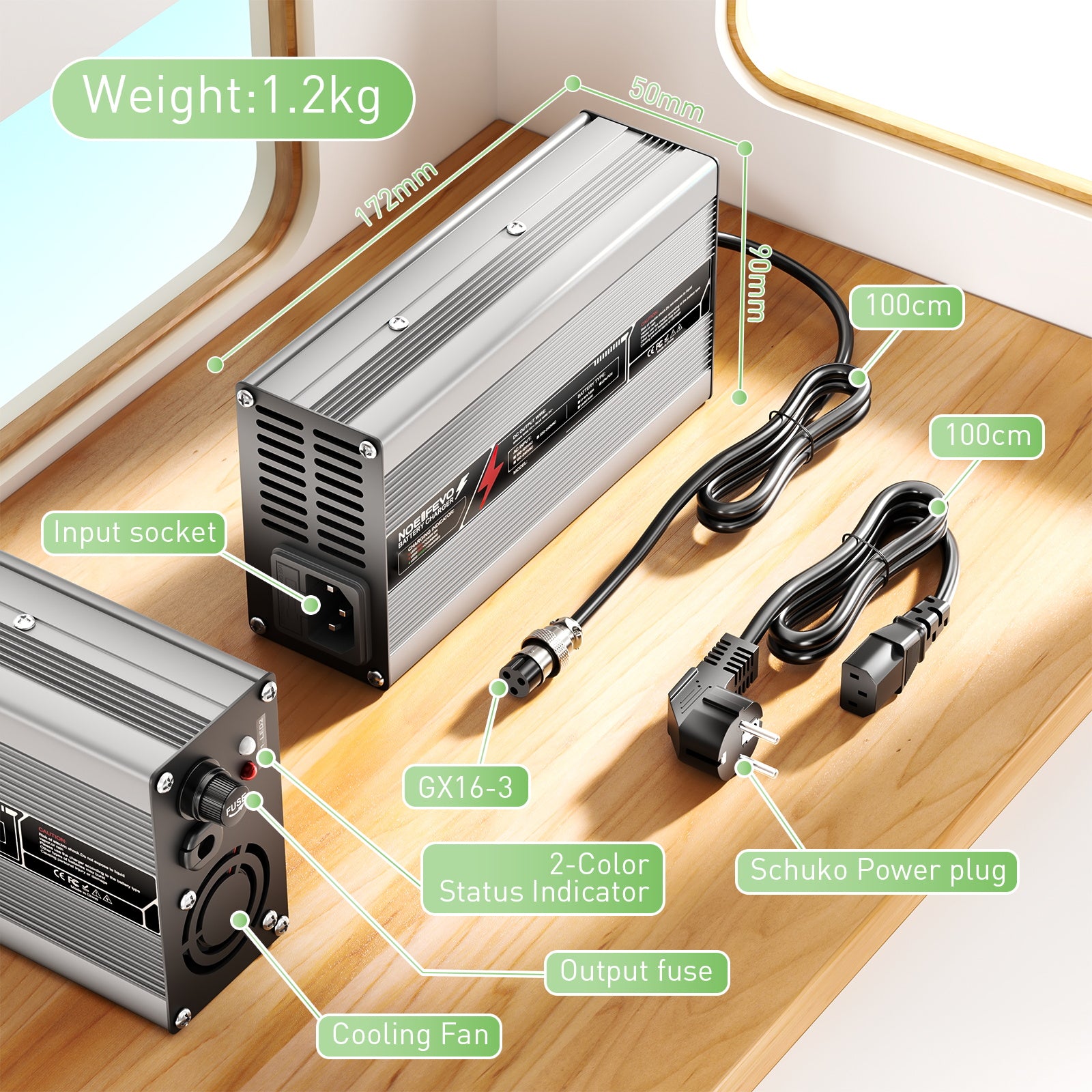 NOEIFEVO 58.8V 8A מטען סוללות ליתיום עבור סוללת 51.8V (48V) 14S, כיבוי אוטומטי, מארז אלומיניום, עם מאוורר (כסף).