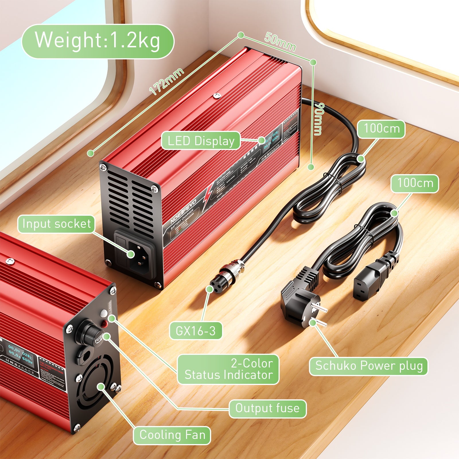 NOEIFEVO 29.2V 15A Ładowarka do akumulatorów LiFePO4 dla akumulatorów LiFePO4 25.6V 8S, automatyczne wyłączanie, wyświetlacz OLED, obudowa aluminiowa, z wentylatorem