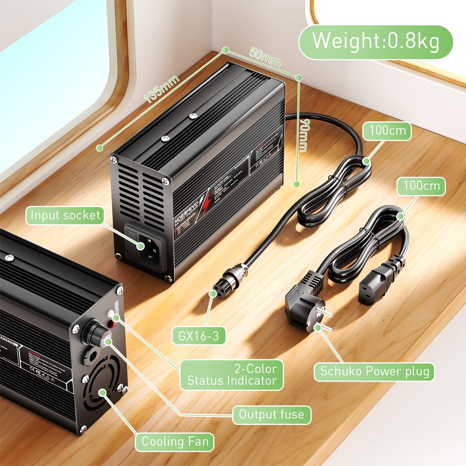 NOEIFEVO 54.6V 5A litiumladdare för 13S 48V Ebike skoterbatteri, aluminiumhus, fläkt