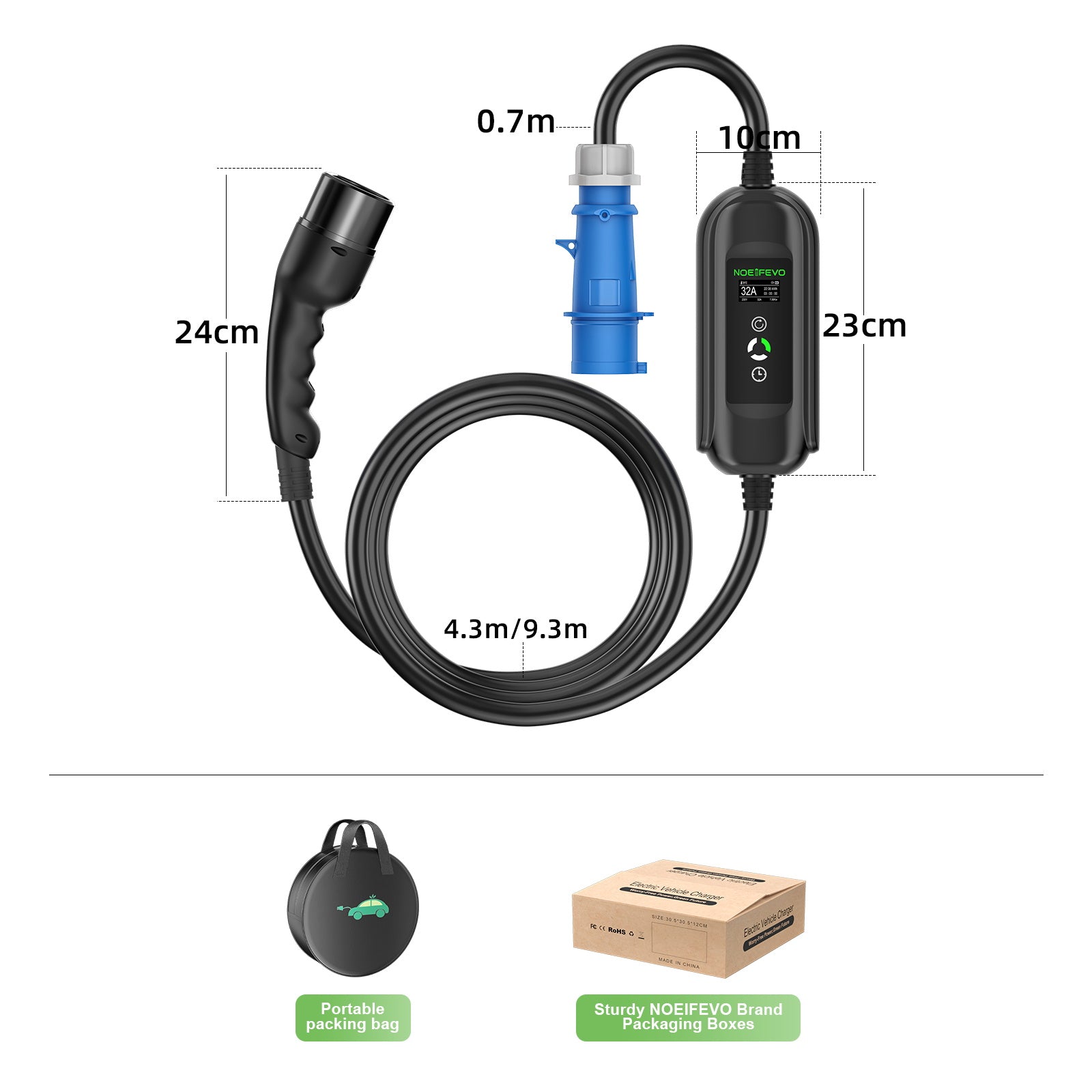 NOEIFEVO Cavo di ricarica EV da 7,2KW, caricatore EV di tipo 2 32A a 1 fase, stazione di ricarica EVSE mobile con spina blu CEE