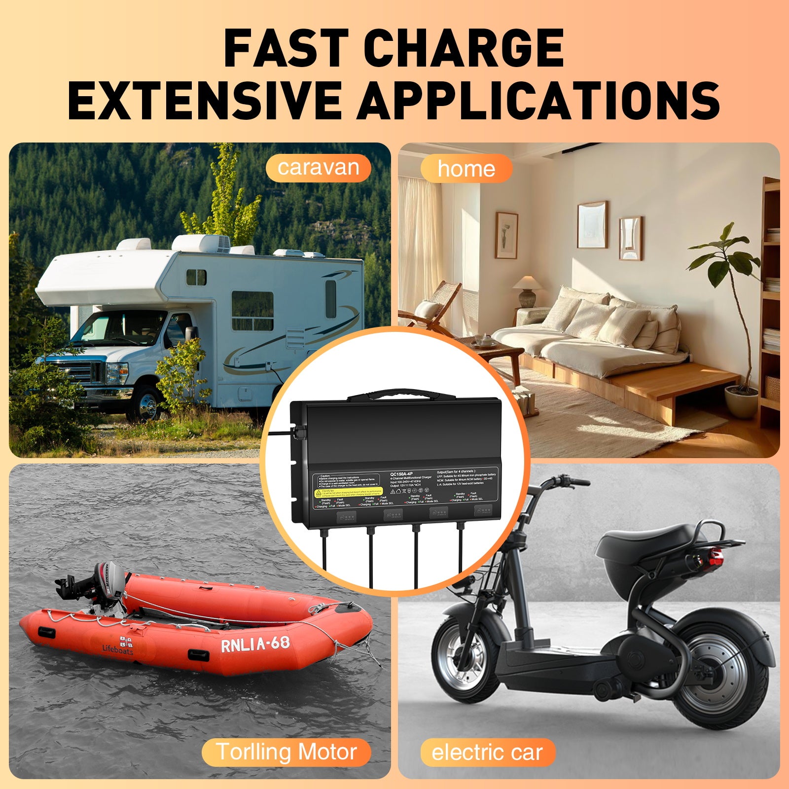 NOEIFEVO Caricabatterie universale 12V 40A 4 banchi (10A/banco), caricabatterie impermeabile 12V LiFePO4 al litio-piombo per camper, barca, moto, tosaerba, motore da traino e batteria al piombo-acido
