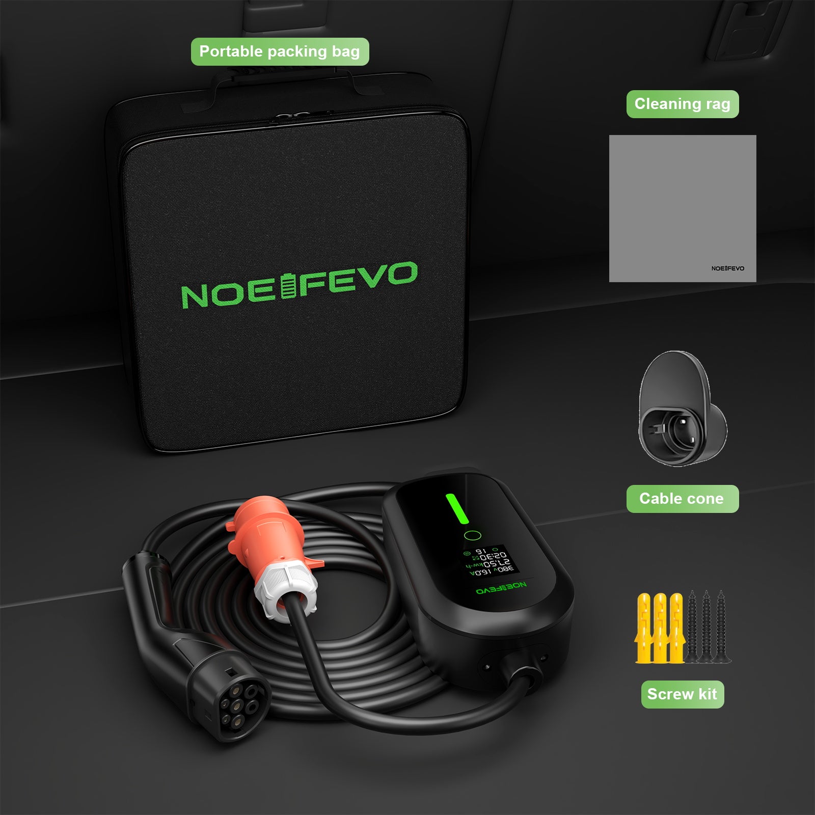 NOEIFEVO EV Wallbox 11kW mit App, Mobile Ladestation 3-Phasen 400V (6-16A einstellbar), Type 2 Ladekabel mit EU-Reiseadapter (CEE32/CEE16A/Schuko/Type2 Stecker), IP65 wasserdicht, RCD-Schutz, Tuya Smart APP.