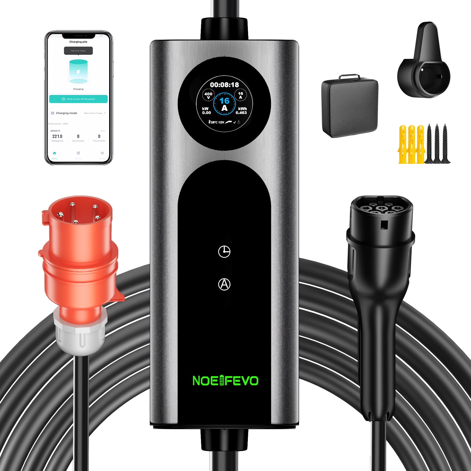 Noeifevo Typ2 Mobilní EV Wallbox, 11KW 3-fázový CEE16A Nastavitelný výkon nabíjení EV nabíječka, 5m/10m/15m EV nabíjecí kabel pro Model Y/3, ID.3/4/5, MG4, EX30, e-up, e-tron, Zoe a další EV.