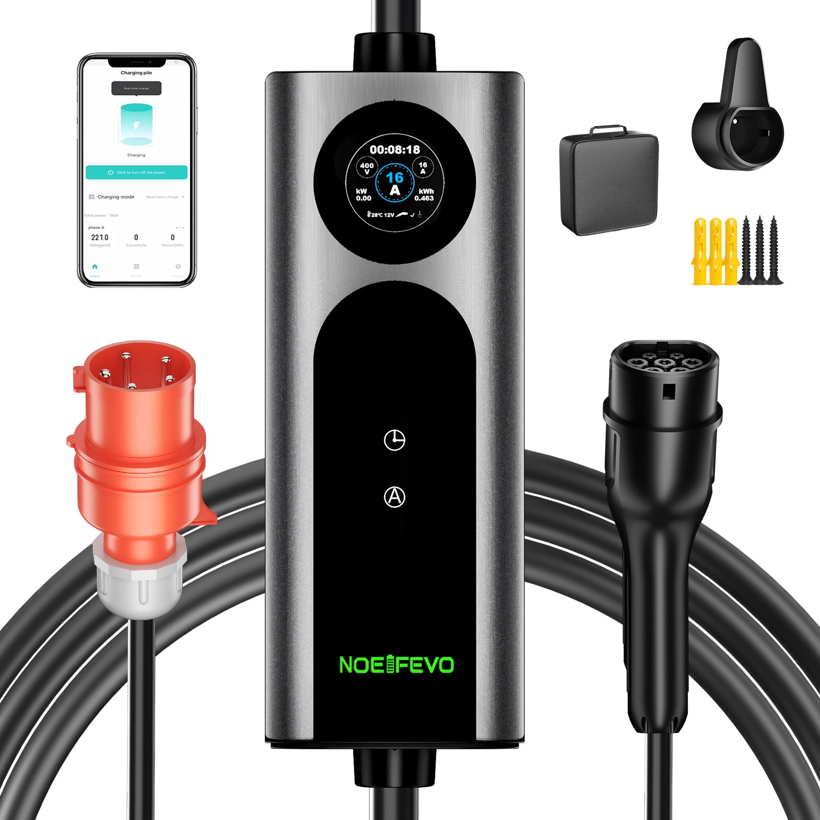 Noeifevo Typ2 Mobilní EV Wallbox, 11KW 3-fázový CEE16A Nastavitelný výkon nabíjení EV nabíječka, 5m/10m/15m EV nabíjecí kabel pro Model Y/3, ID.3/4/5, MG4, EX30, e-up, e-tron, Zoe a další EV.