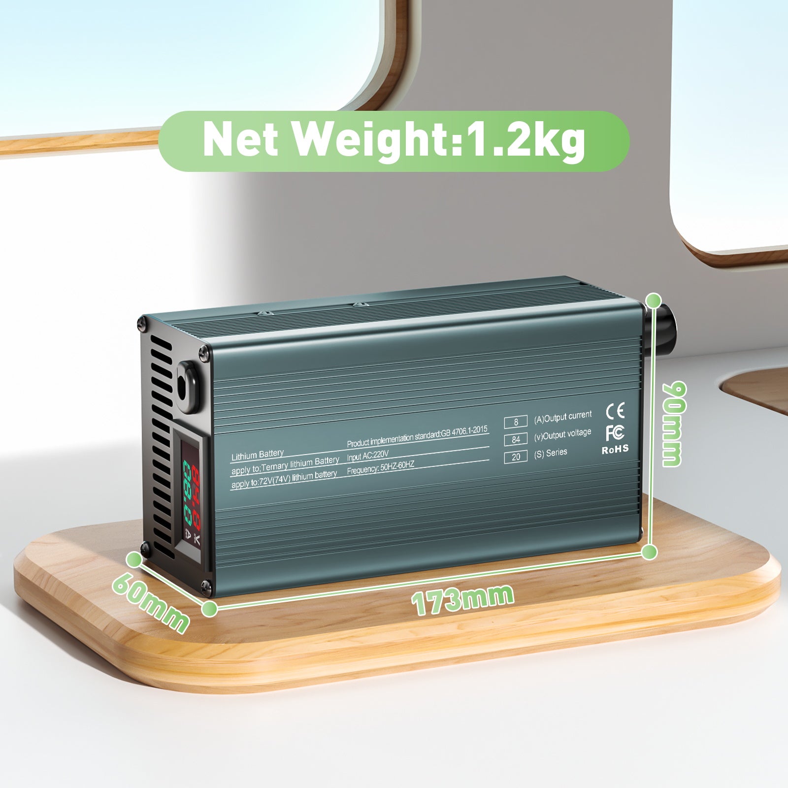 NOEIFEVO 84V 8A 20S Lithium-Batterilader, Udgangsspænding 74V, Strømjustering 1–8A, Langsom og Hurtig Opladning (MLC1300)