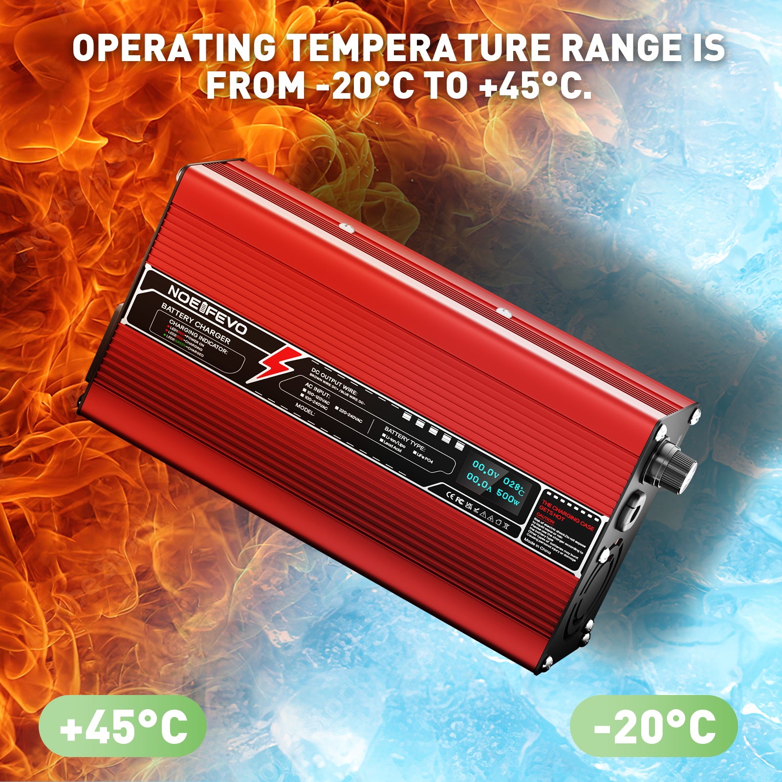 NOEIFEVO 58,4V 8A LiFePO4-batteriladdare för 51,2V 16S LiFePO4-batterier, automatisk avstängning, OLED-display, aluminiumhölje, med fläkt