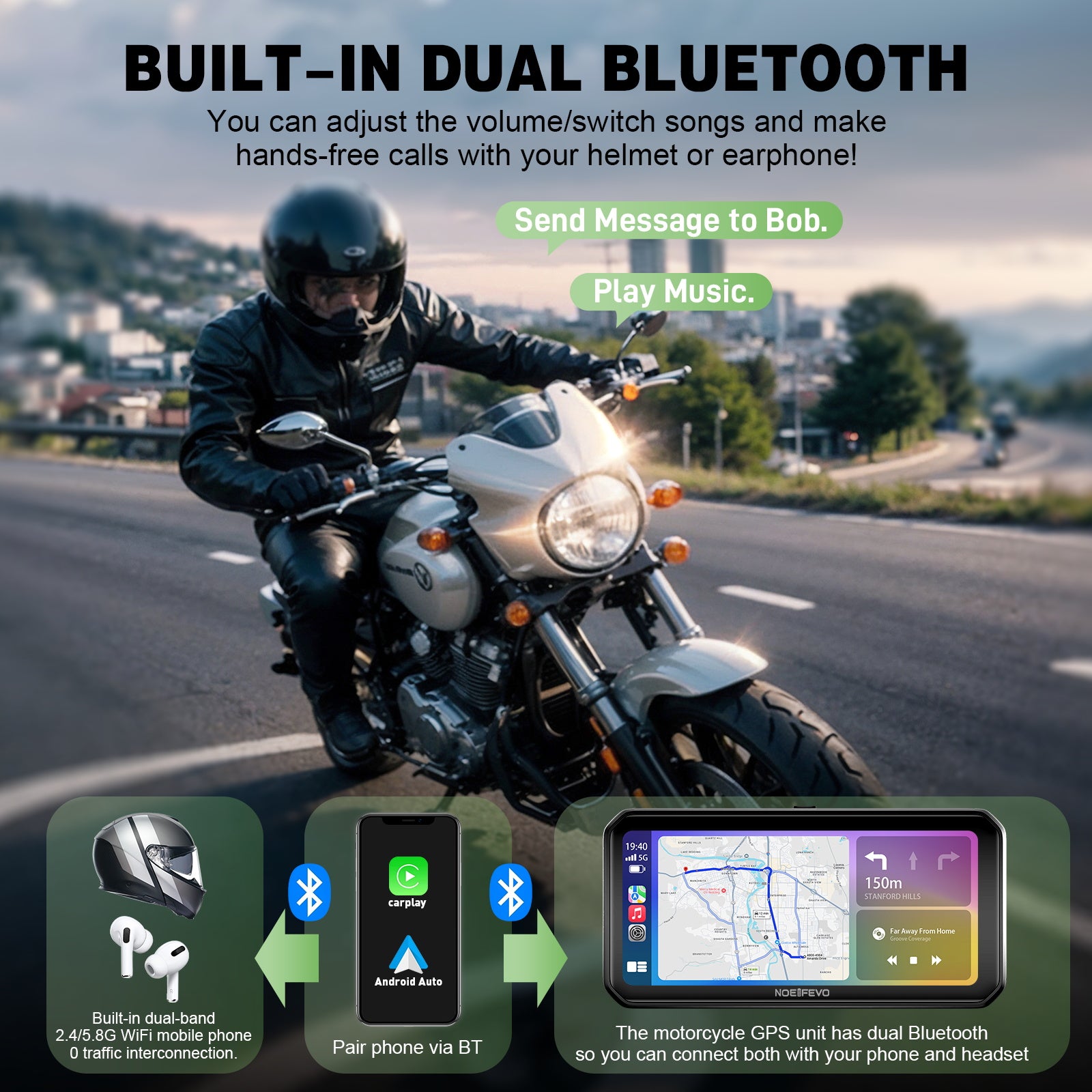 NOEIFEVO MT9B Motorfiets-Carplay-scherm met dodehoekdetectiefunctie, draadloos CarPlay en Android Auto, draagbaar waterdicht 6,3-inch touchscreen, verbeterde dubbele Bluetooth, navigatie