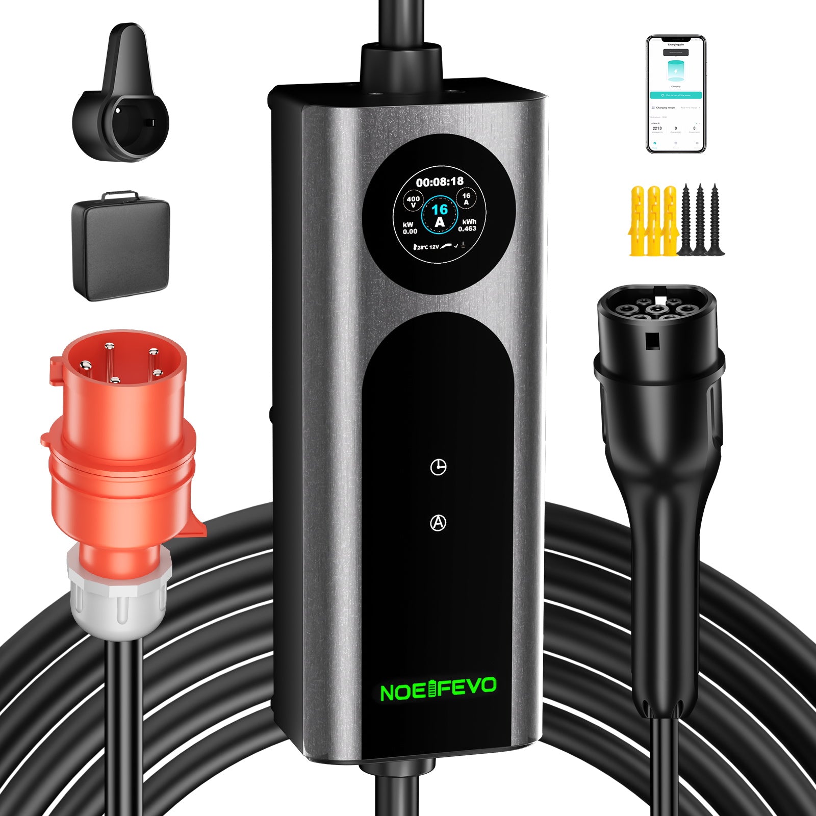 NOEIFEVO Q21W Wlan Mobilní Wallbox 11kW s dálkovým ovládáním APP , 5m/10m Type2 CEE16A 3fázový nabíjecí kabel pro elektromobily