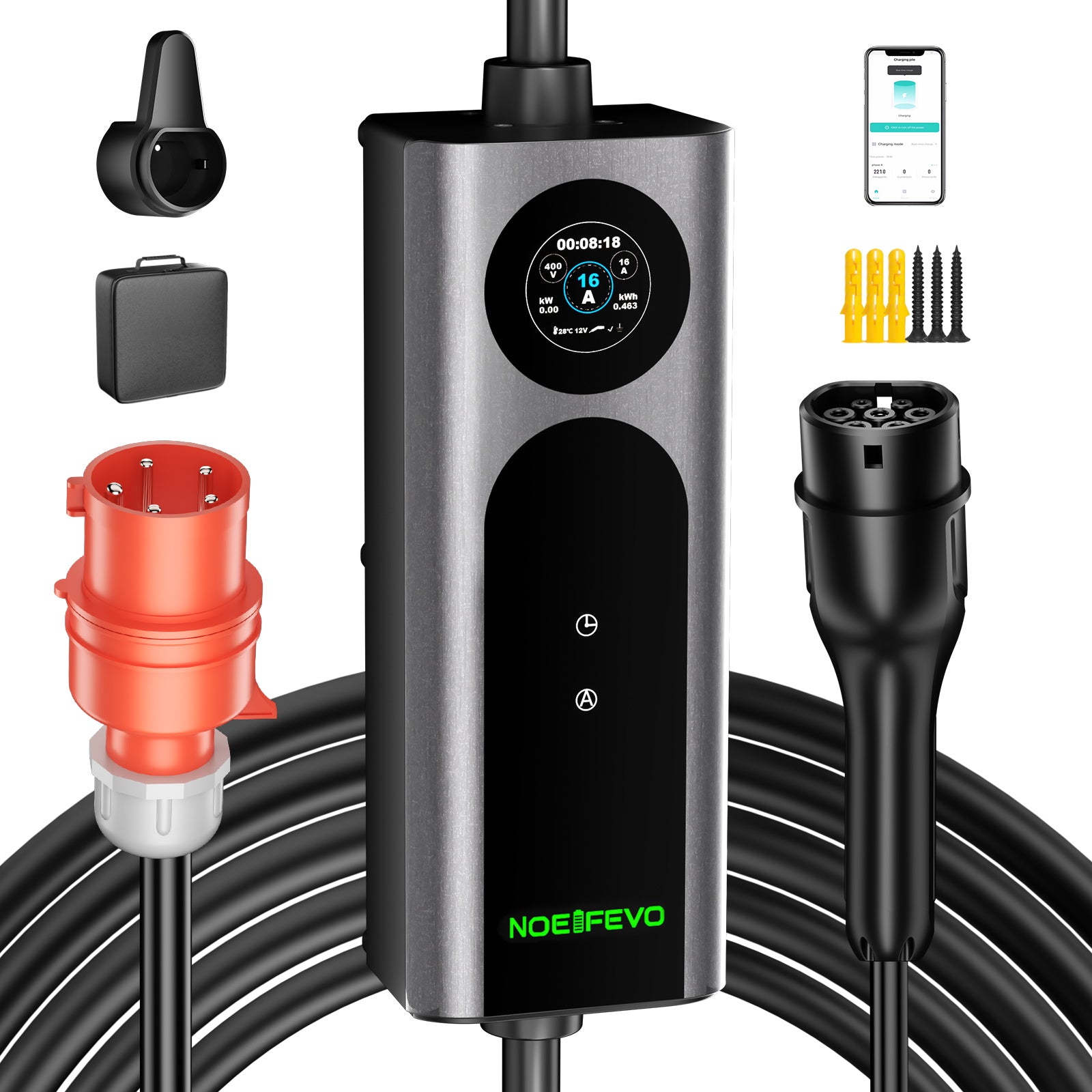 Noeifevo Typ2 Mobilní EV Wallbox, 11KW 3-fázový CEE16A Nastavitelný výkon nabíjení EV nabíječka, 5m/10m/15m EV nabíjecí kabel pro Model Y/3, ID.3/4/5, MG4, EX30, e-up, e-tron, Zoe a další EV.