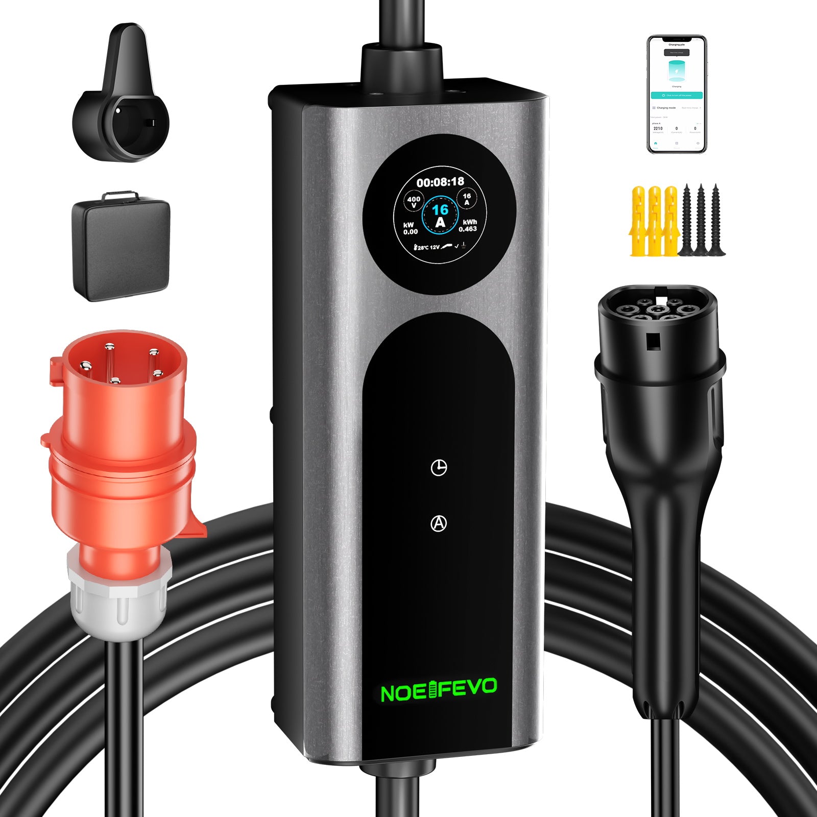 Noeifevo Typ2 Mobilní EV Wallbox, 11KW 3-fázový CEE16A Nastavitelný výkon nabíjení EV nabíječka, 5m/10m/15m EV nabíjecí kabel pro Model Y/3, ID.3/4/5, MG4, EX30, e-up, e-tron, Zoe a další EV.