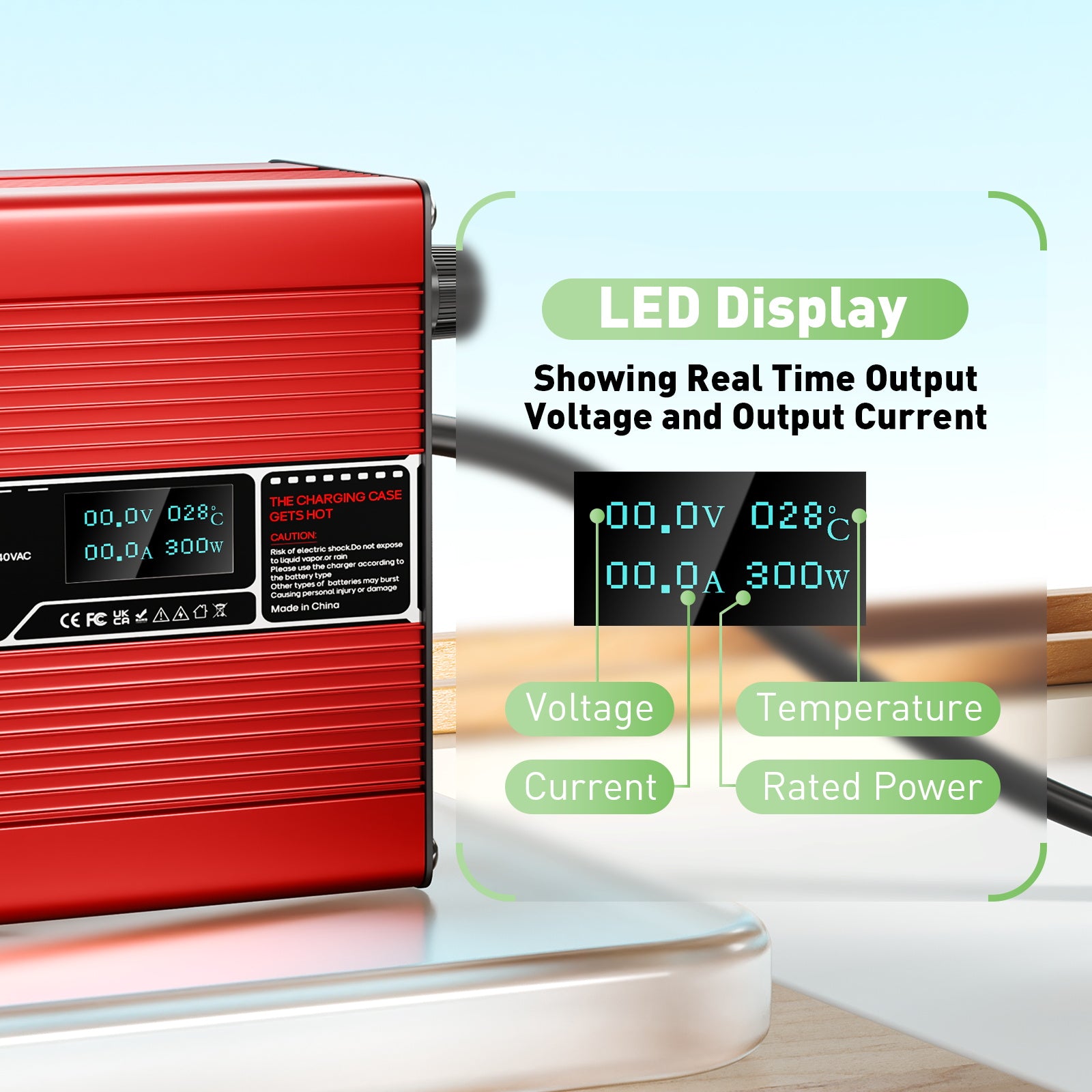 NOEIFEVO 58.4V 3A LiFePO4 batteriladdare för 16S 48V 51.2V LiFePO4-batteri, med LCD-display, kylfläkt, automatisk avstängning (RÖD)