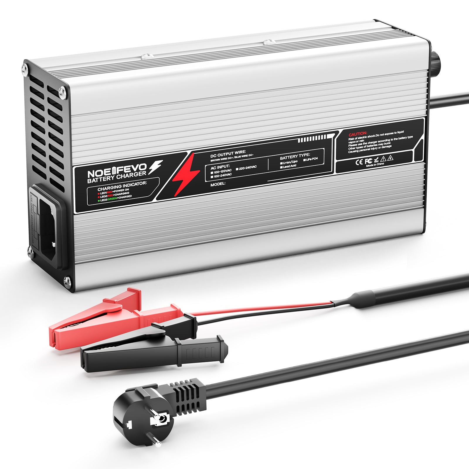 NOEIFEVO 14,6V 20A LiFePO4 Batterieladegerät für 12V (12,8V) 4S-Batterie, automatische Abschaltung, Aluminiumgehäuse, mit Lüfter (Silber)