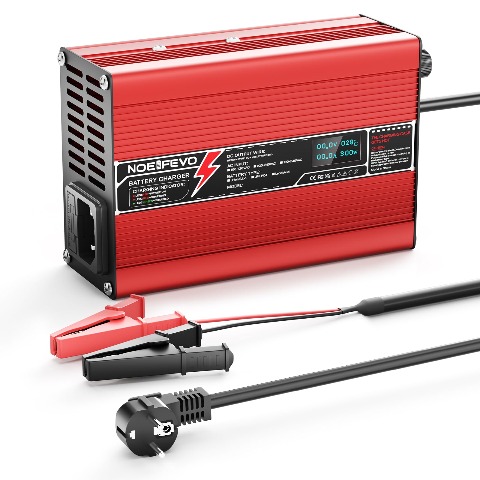 NOEIFEVO 50.4V 2A 2.5A 3A Lithium-nabíječka pro 12S 44.4V Li-Ion Lipo-baterie, s LCD displejem, chladicím ventilátorem, automatickým vypnutím(ČERVENÁ)