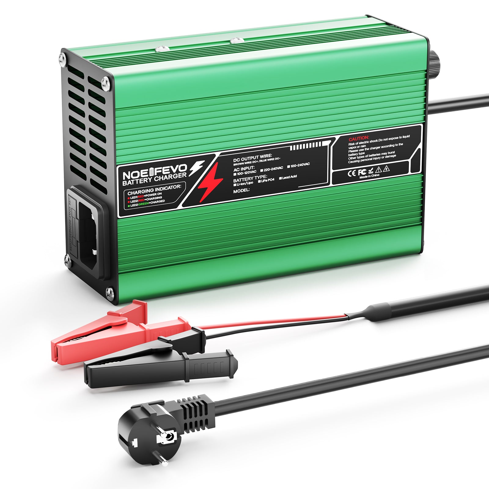 מטעין ליתיום NOEIFEVO 50.4V 2A 2.5A 3A עבור סוללות 12S 44.4V Li-Ion Lipo, מאוורר קירור, כיבוי אוטומטי (ירוק)