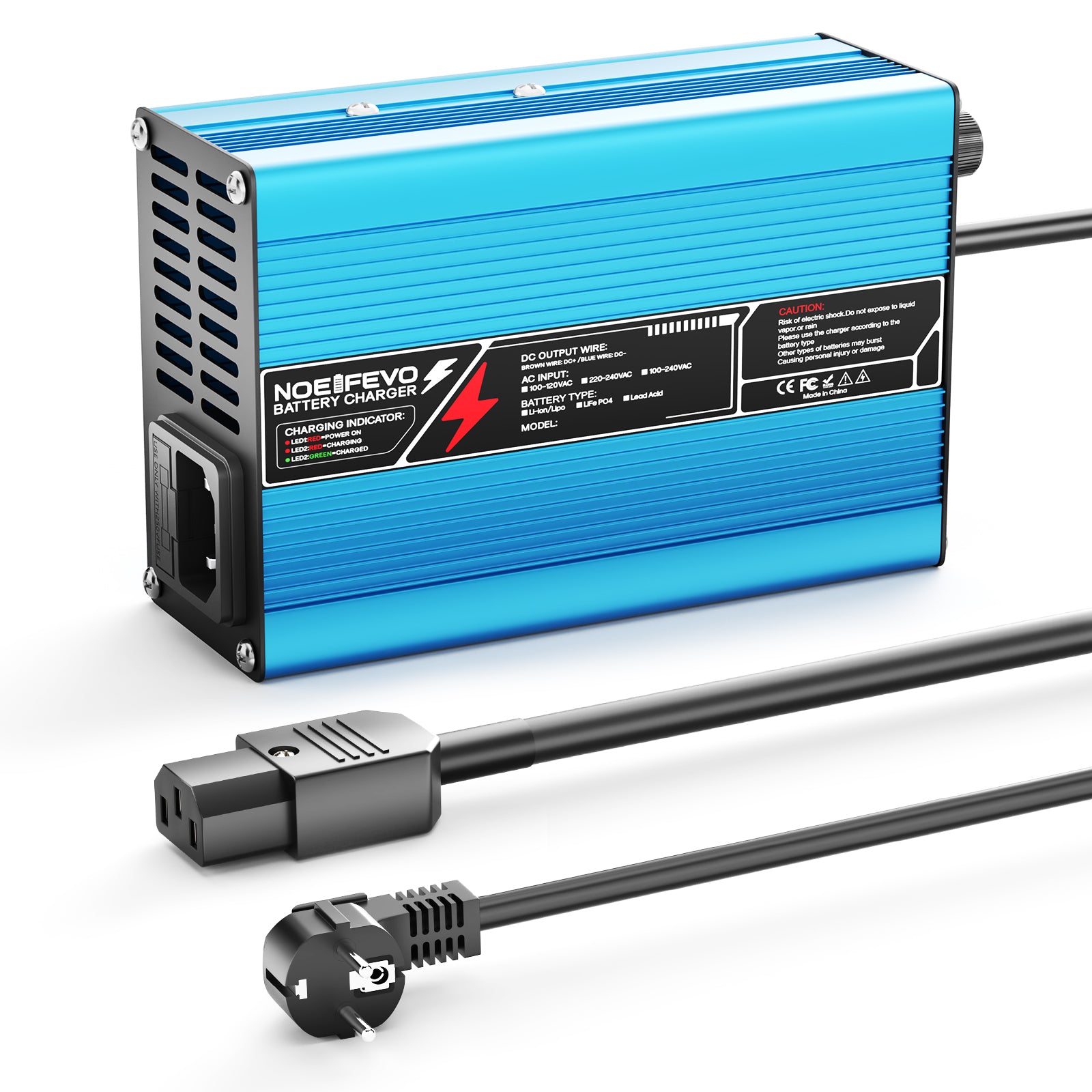 NOEIFEVO 54.6V 2A 2.5A 3A lithiumová nabíječka pro 13S 48.1V Li-Ion Lipo baterie, chladicí ventilátor, automatické vypnutí（BLUE）