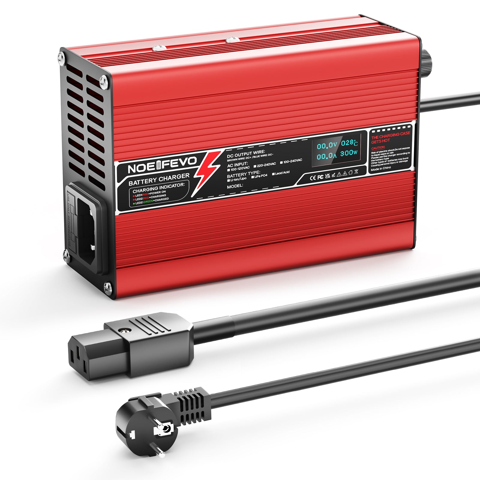 NOEIFEVO 58.8V 2A 2.5A 3A Litiumladdare för 14S 51.8V Li-Ion Lipo-batterier, med LCD-display, kylfläkt, automatisk avstängning(RED)