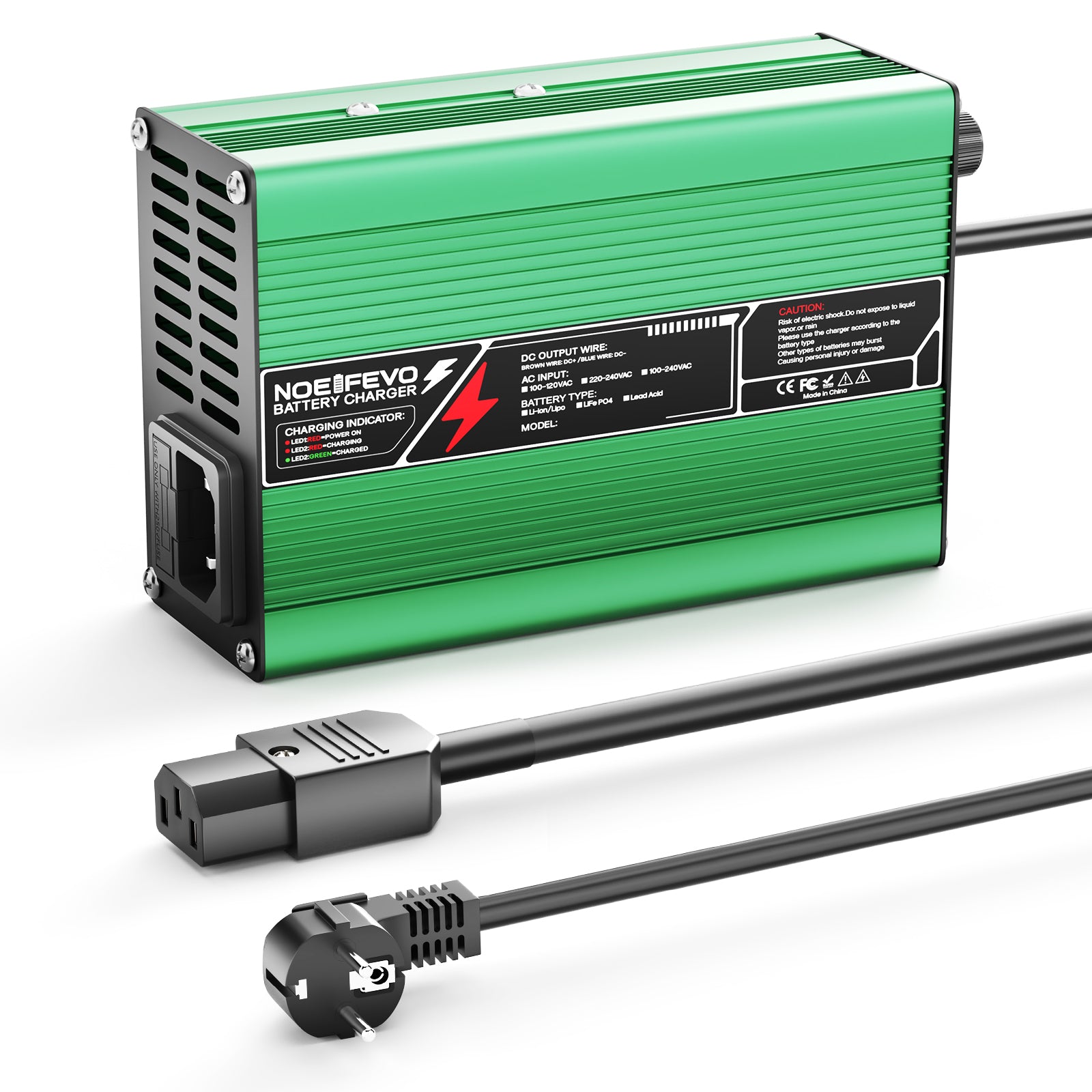 מטען ליתיום NOEIFEVO 54.6V  2A 2.5A 3A עבור סוללות Li-Ion Lipo 13S 48.1V, מאוורר קירור, כיבוי אוטומטי (ירוק)