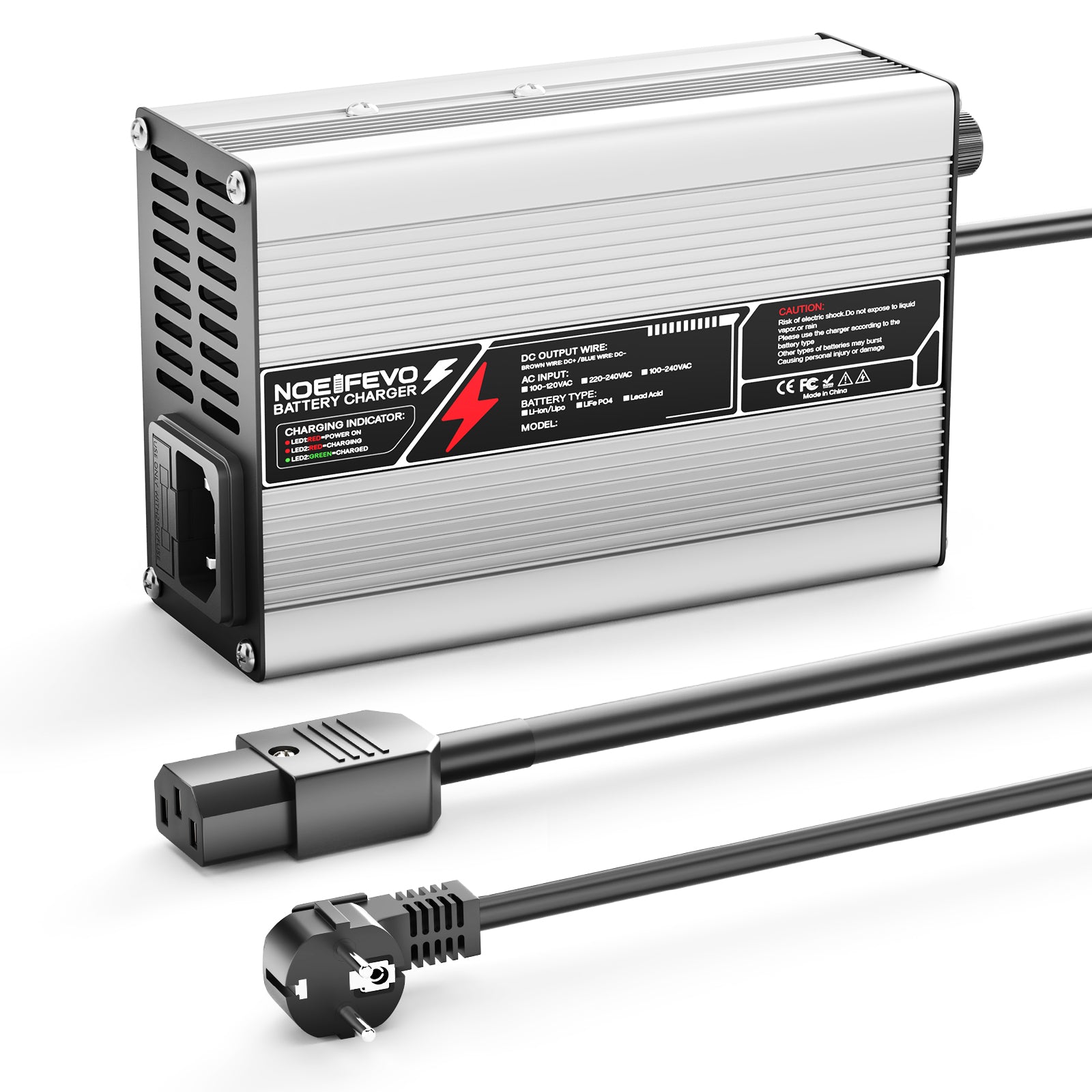 NOEIFEVO Caricabatterie al Litio 42V  2A 3A 3.5A 4A per Batterie Li-Ion Lipo 10S 37V, Ventola di Raffreddamento, Spegnimento Automatico