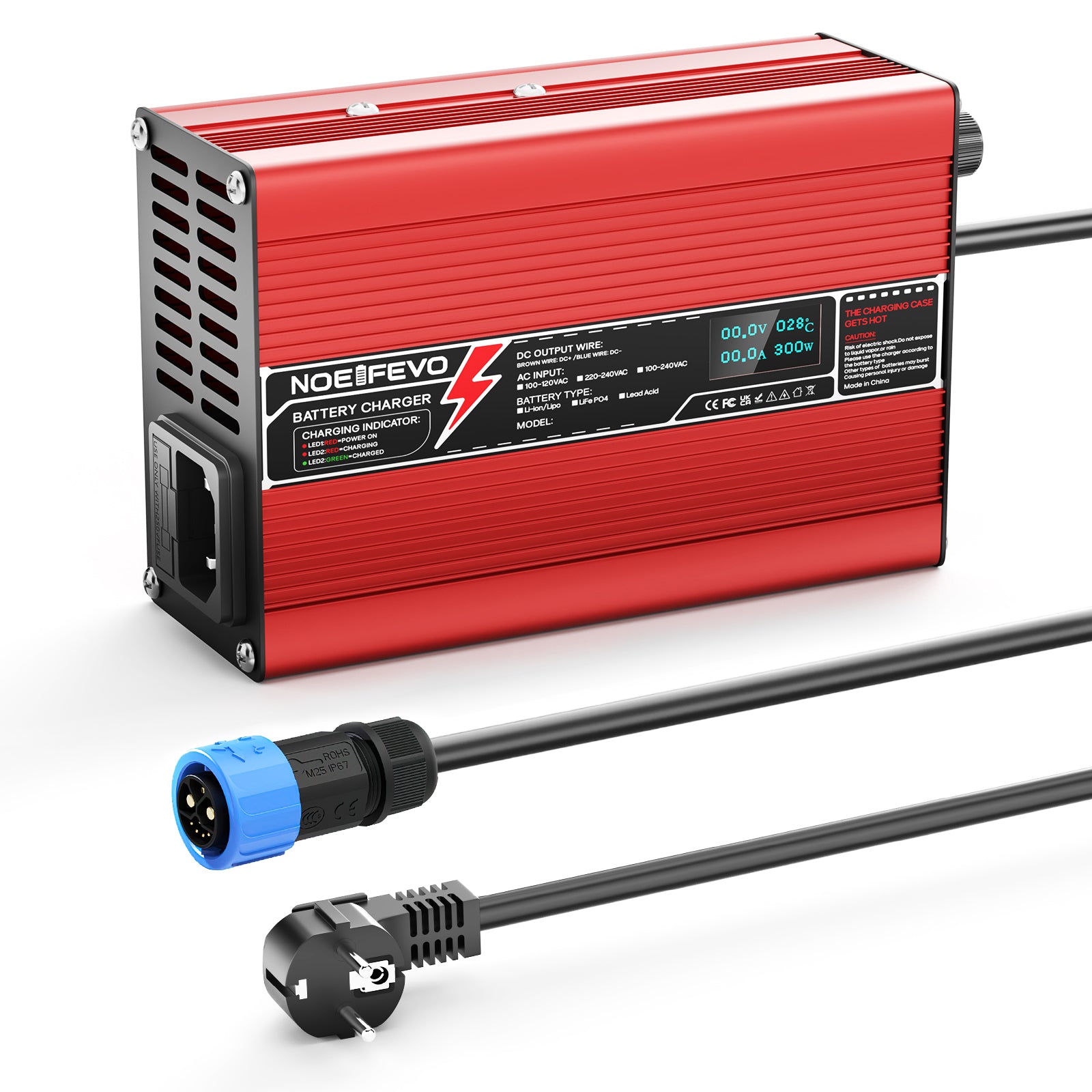 NOEIFEVO 54.6V 2A 2.5A 3A Lithium-lader til 13S 48.1V Li-Ion Lipo-batterier, med køleventilator, automatisk afbrydelse (RØD)