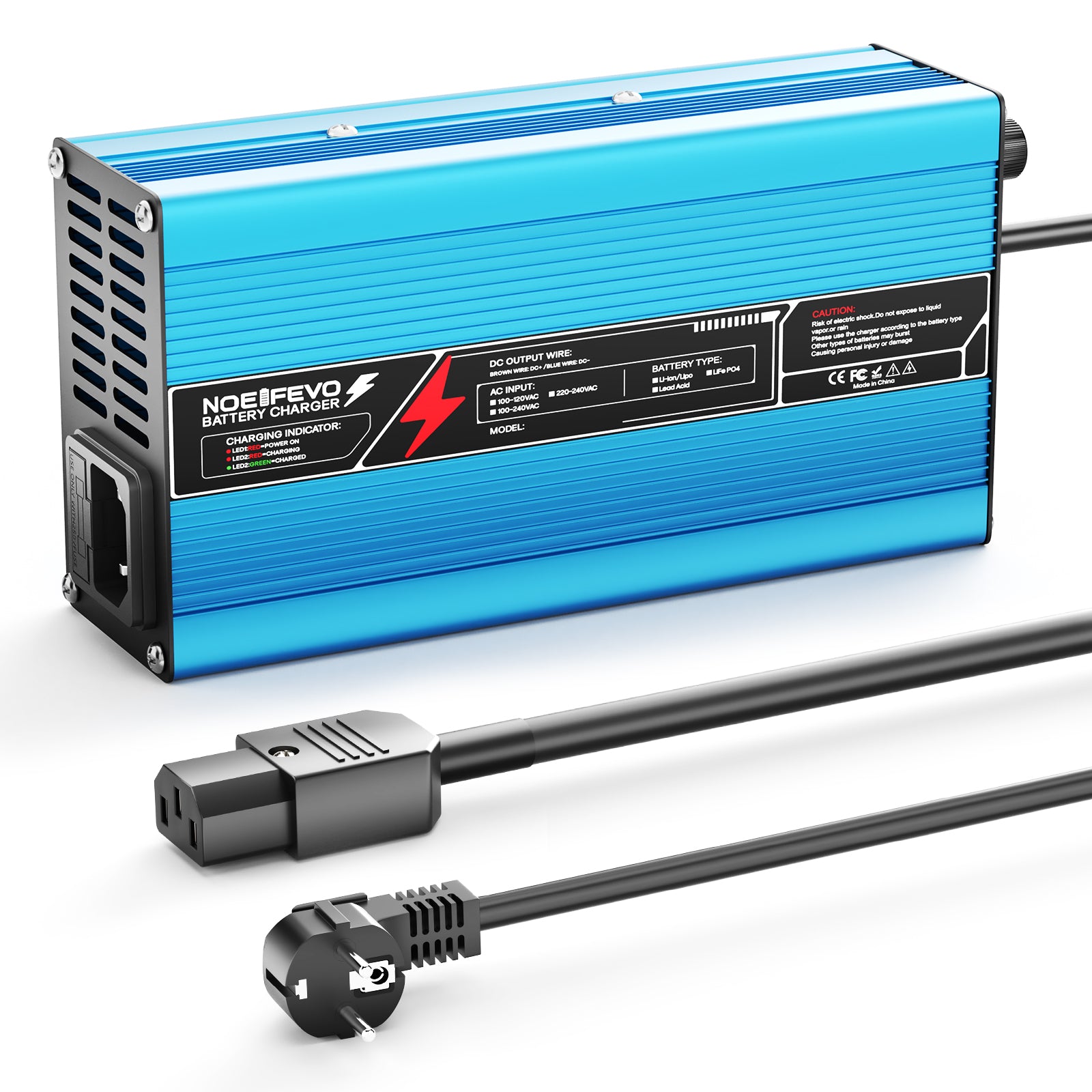 NOEIFEVO 42V 10A 10S Lithium-Batterieladegerät, für 10S 37V Li-Ion Batterie, automatische Abschaltung, Aluminiumgehäuse, mit Lüfter(blau)