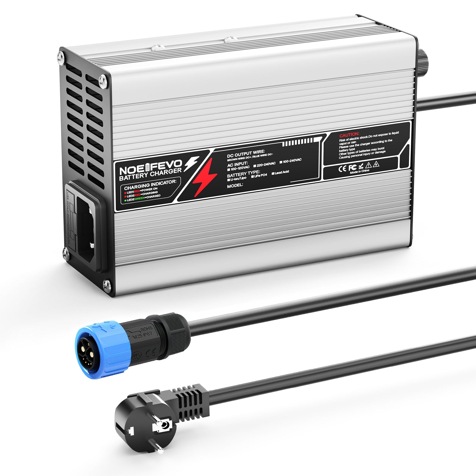 NOEIFEVO Caricabatterie al Litio 42V  2A 3A 3.5A 4A per Batterie Li-Ion Lipo 10S 37V, Ventola di Raffreddamento, Spegnimento Automatico