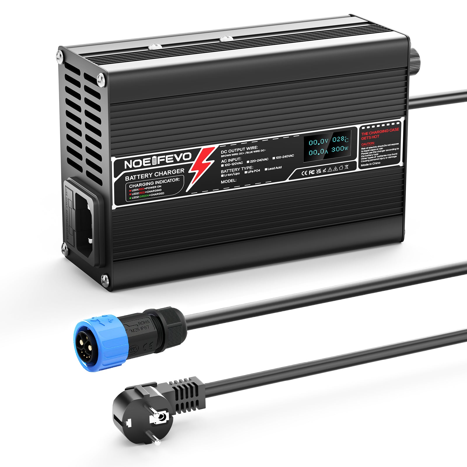 מטען ליתיום NOEIFEVO 46.2V 4A עבור סוללות Li-Ion Lipo 11S 40.7V, עם תצוגת LCD, מאוורר קירור, כיבוי אוטומטי