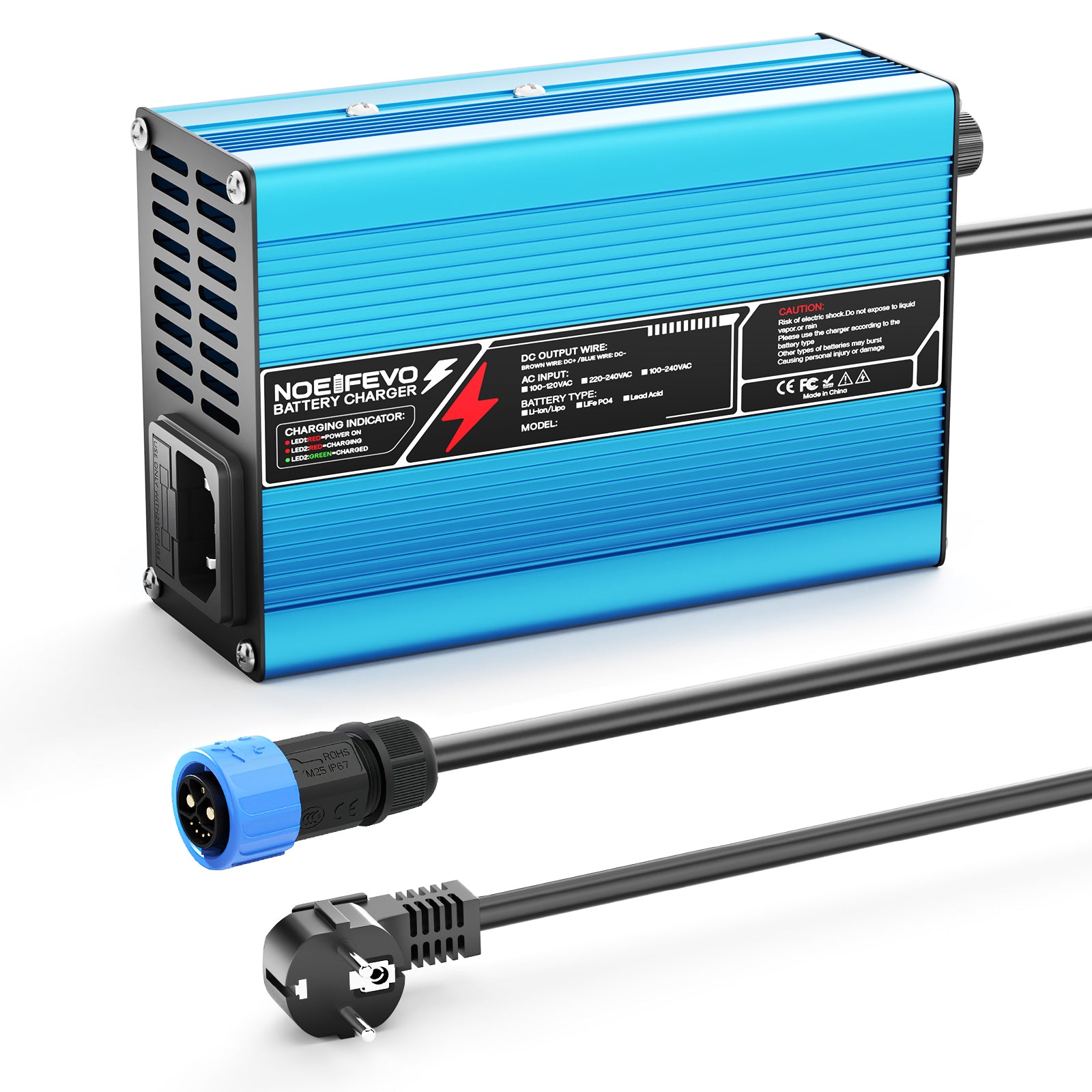 NOEIFEVO 54.6V 2A 2.5A 3A lithiumová nabíječka pro 13S 48.1V Li-Ion Lipo baterie, chladicí ventilátor, automatické vypnutí（BLUE）