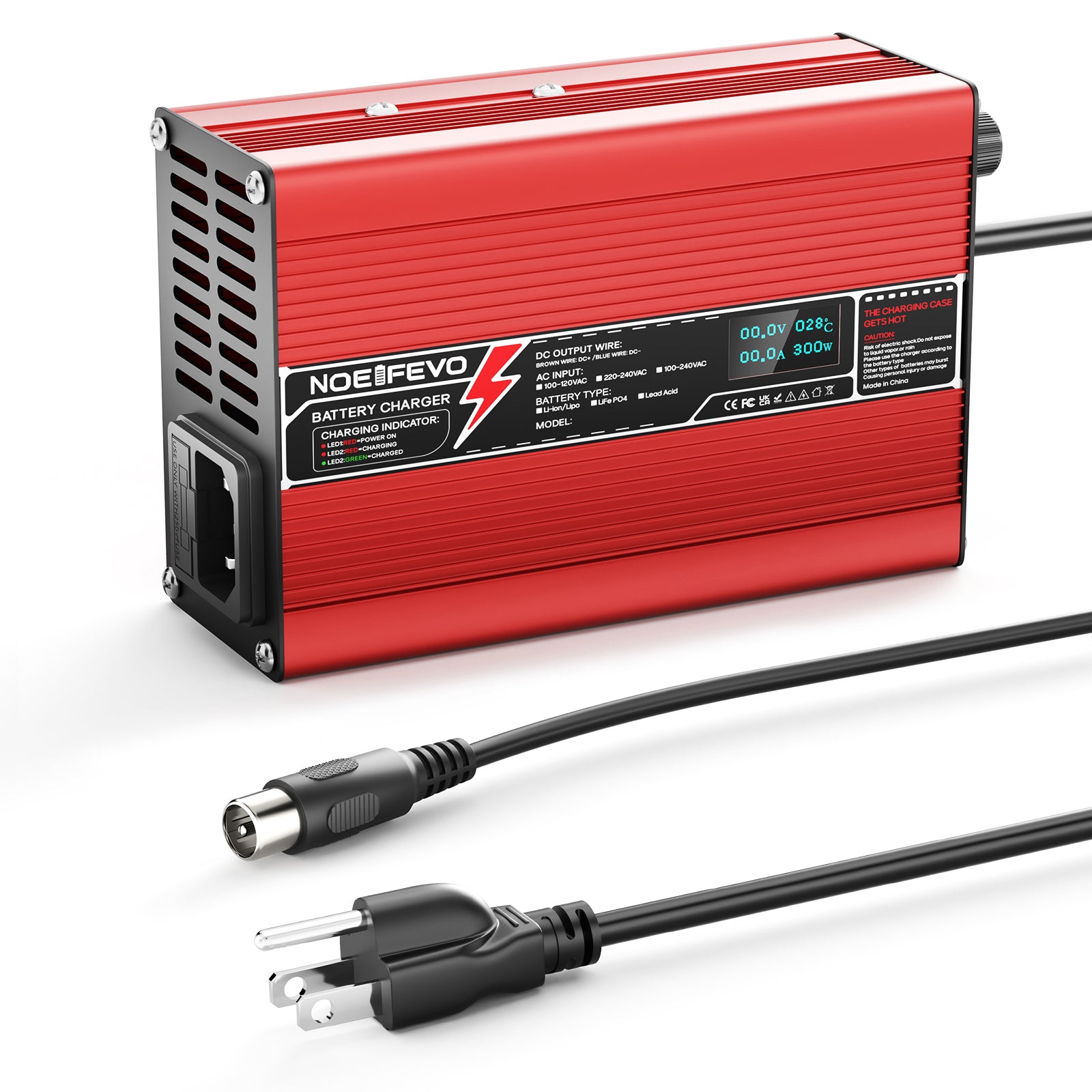 NOEIFEVO 58.8V  2A 2.5A 3A מטען ליתיום עבור סוללות Li-Ion Lipo 14S 51.8V, עם תצוגת LCD, מאוורר קירור, כיבוי אוטומטי (אדום)