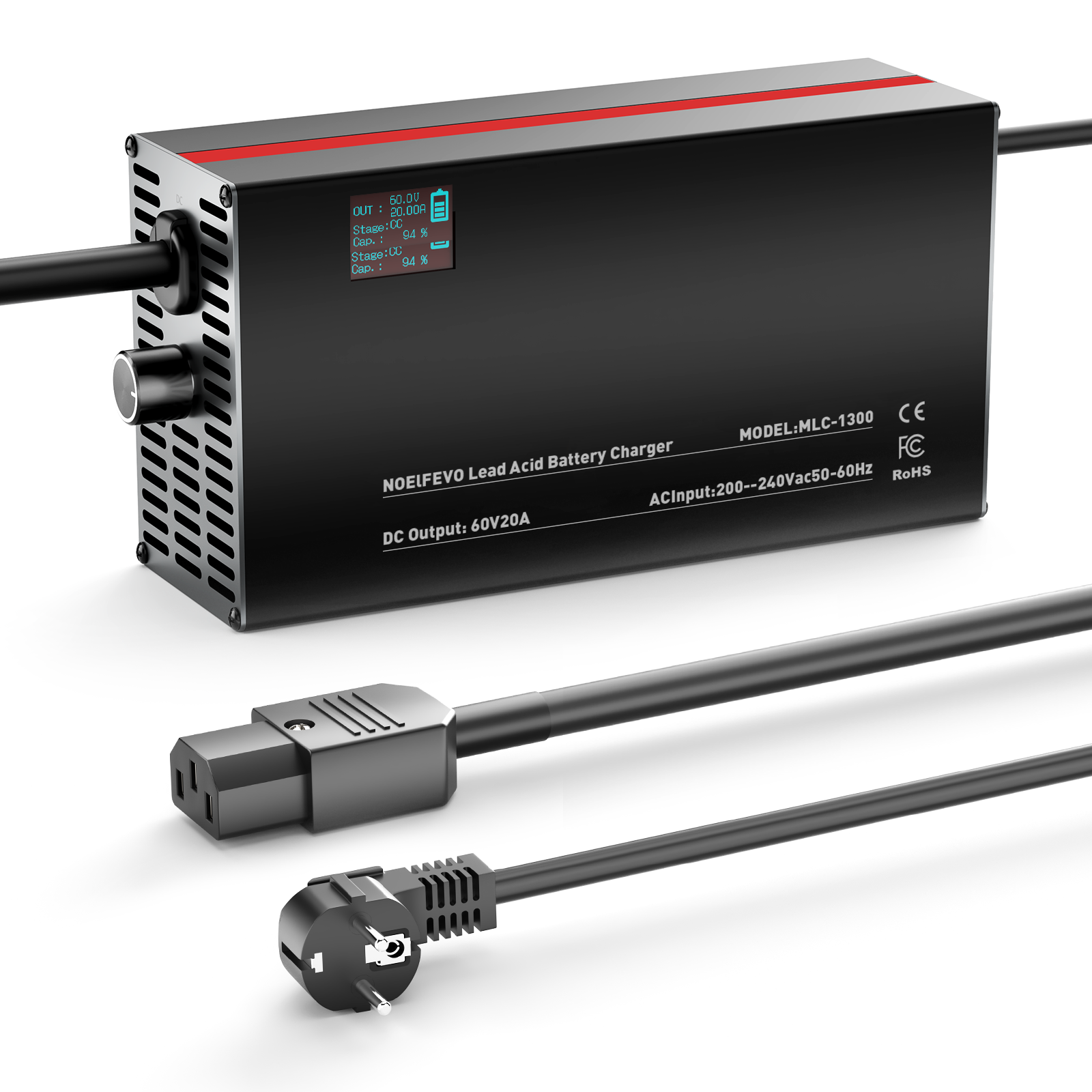 NOEIFEVO 60V 2A-20A Ström Justerbart Batteriladdare för Bly-Syra-Batterier, AGM, Gel, Golfvagns-Batteriladdare, LED-Display