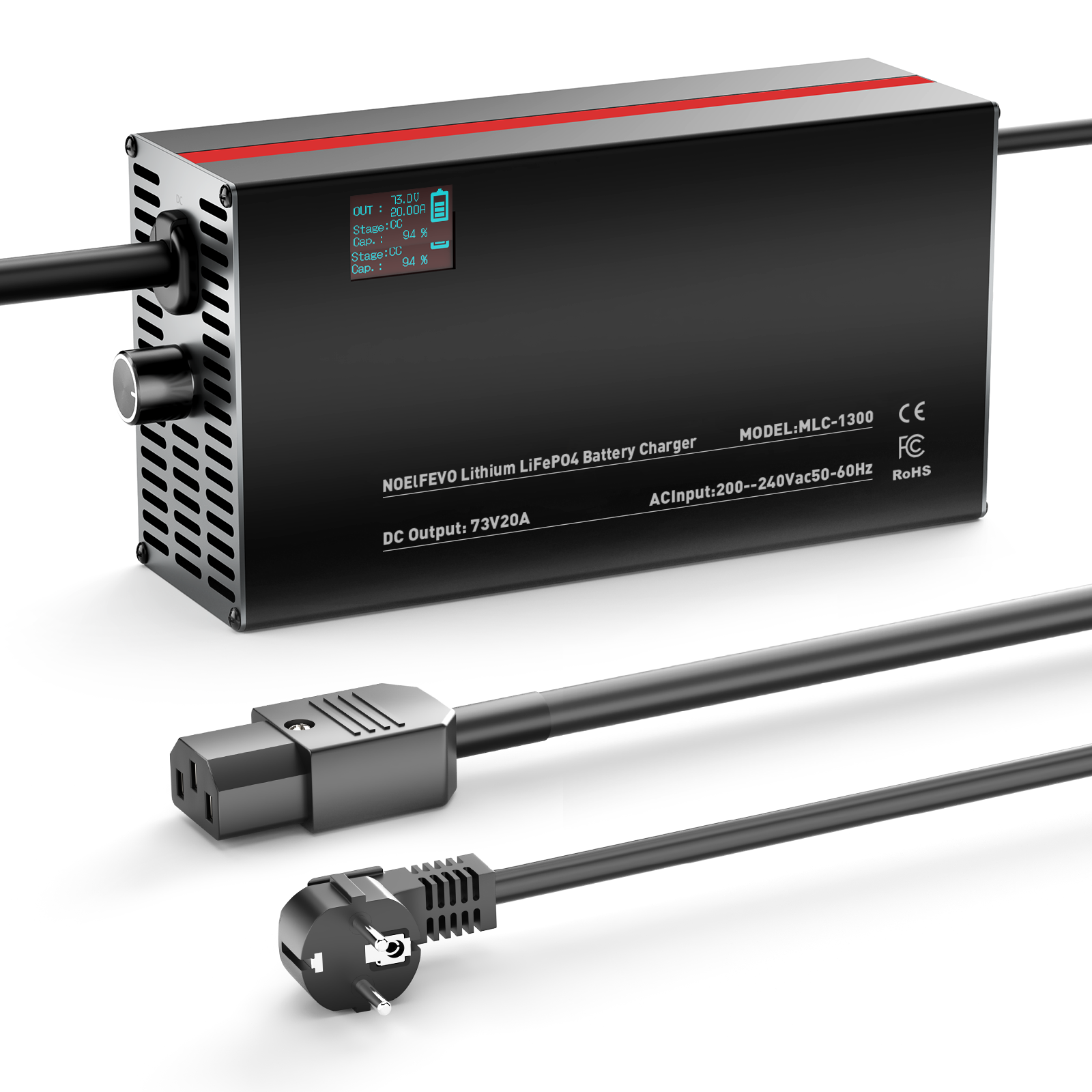 NOEIFEVO 73V 20A Nabíjačka batérií Lithium-LiFePO4 pre batérie LiFePO4 60V 64V 20S, s LCD displejom, nastaviteľný prúd, nabíjačka pre trollingové motory, člny a karavany