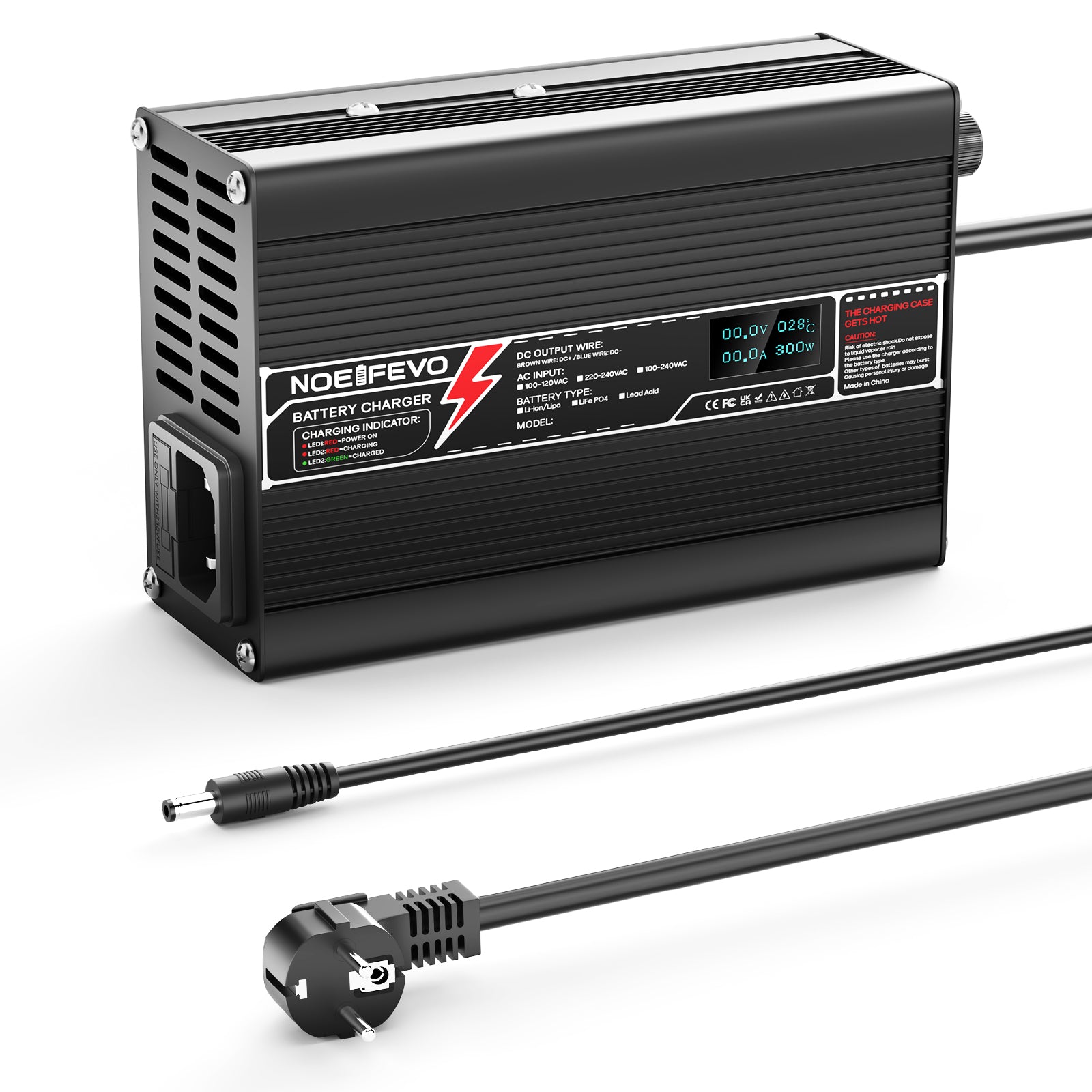 NOEIFEVO 36.5V 3.5A LiFePO4 Batterie-Ladegerät für 10S 32V LiFePO4 Batterie, mit LCD-Anzeige, Kühlventilator, automatischer Abschaltung