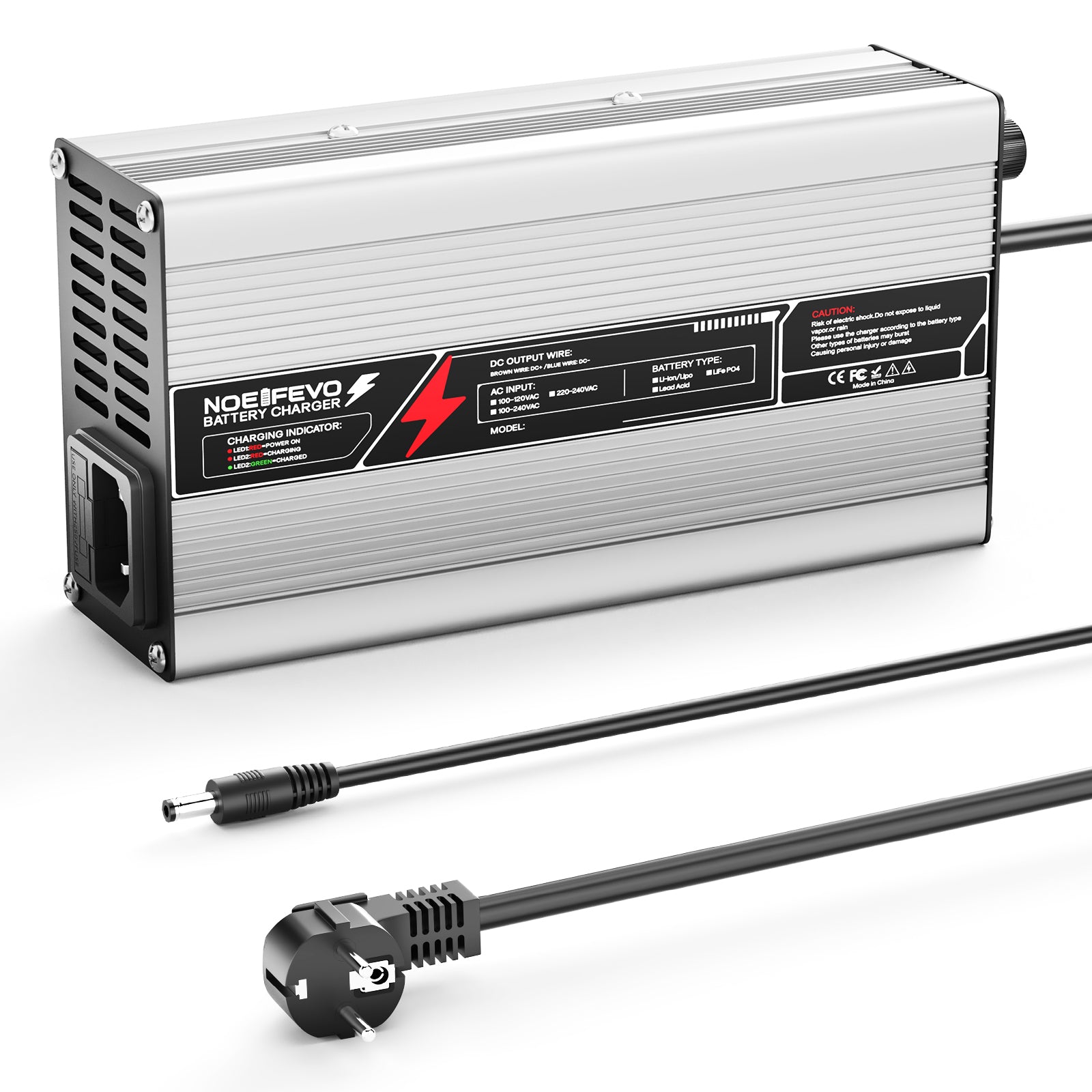 NOEIFEVO 67,2 V 6 A Cargador de batería de litio para batería de 59,2 V (60 V) 16S, apagado automático, carcasa de aluminio, con ventilador (plata)